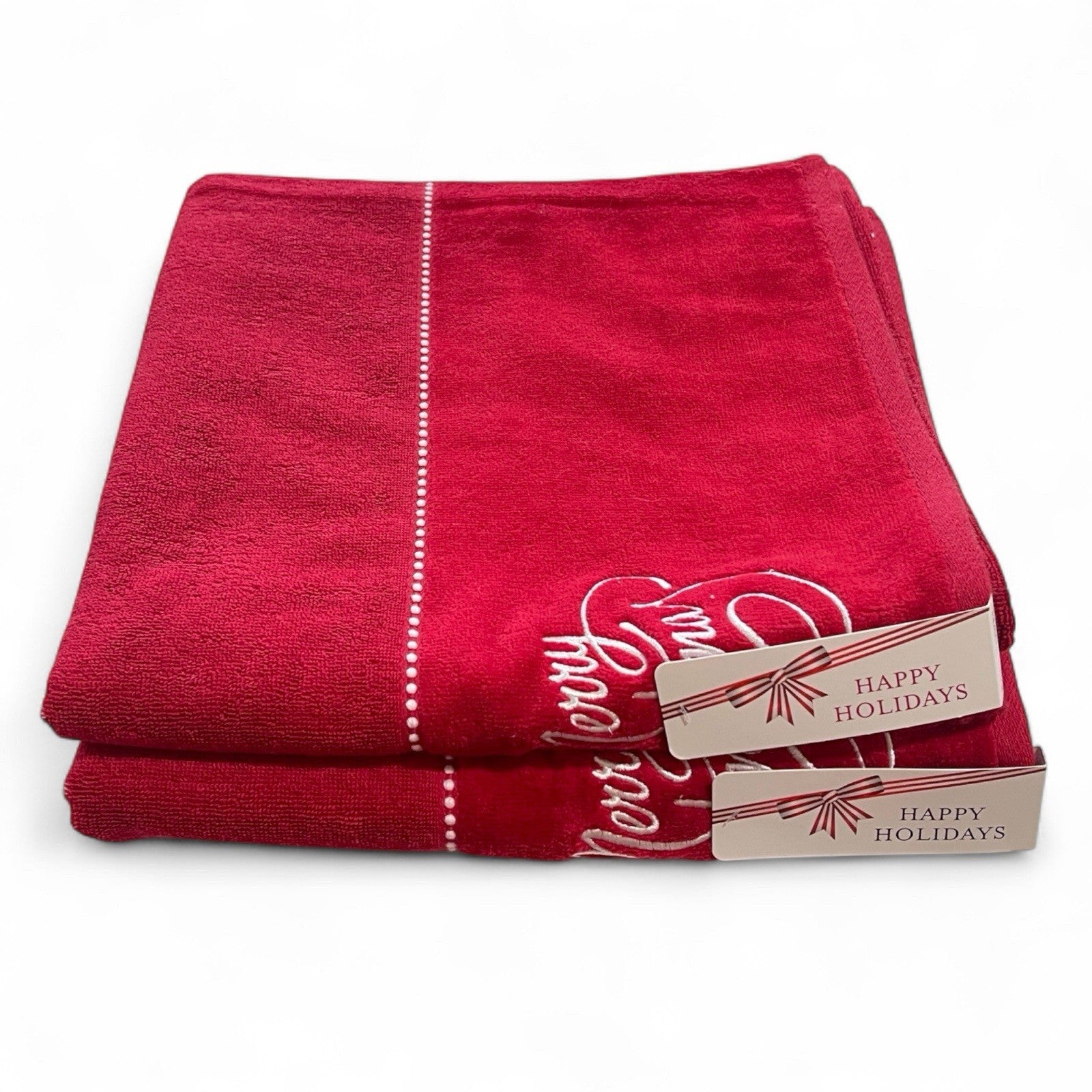Happy Holidays Christmas 3pc Bath Towel Set Embroidered Cotton Vintage-Inspired - Trendiez U ♥ 