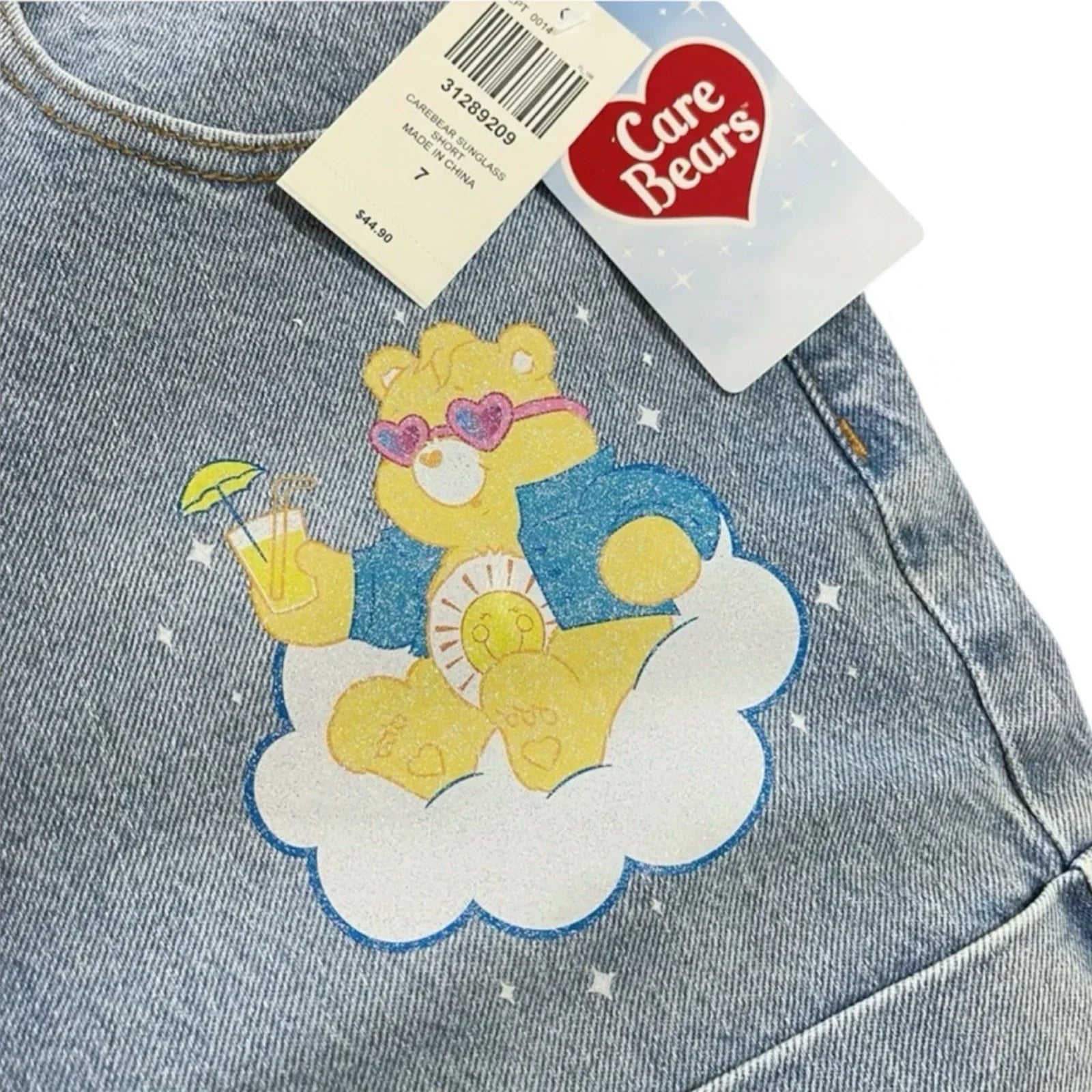 Hot Topic Care Bears Denim Shorts Junior Size 7 with Cartoon bear Print cotton - Trendiez U ♥ 
