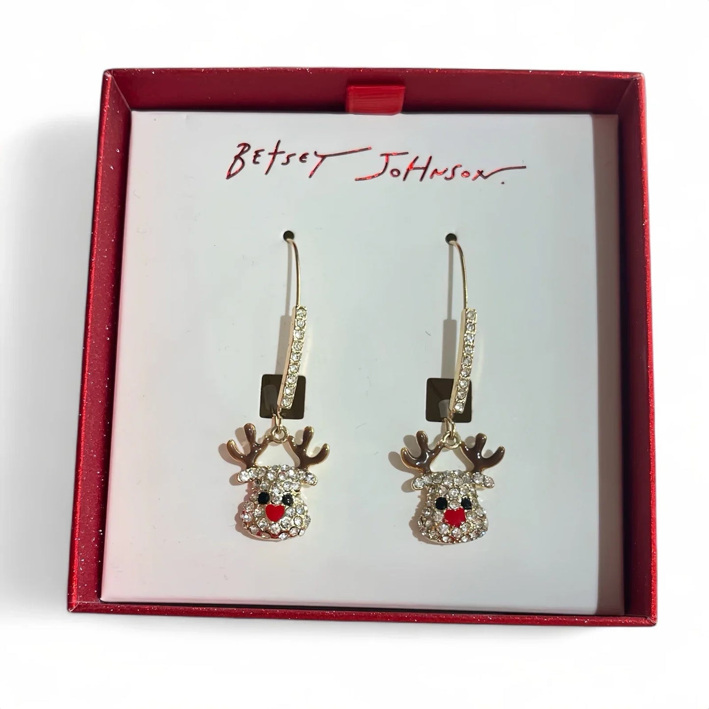 HTF Betsey Johnson Holiday Reindeer Dangle Earrings Gold Tone Rhinestone Crystal - Trendiez U ♥ 