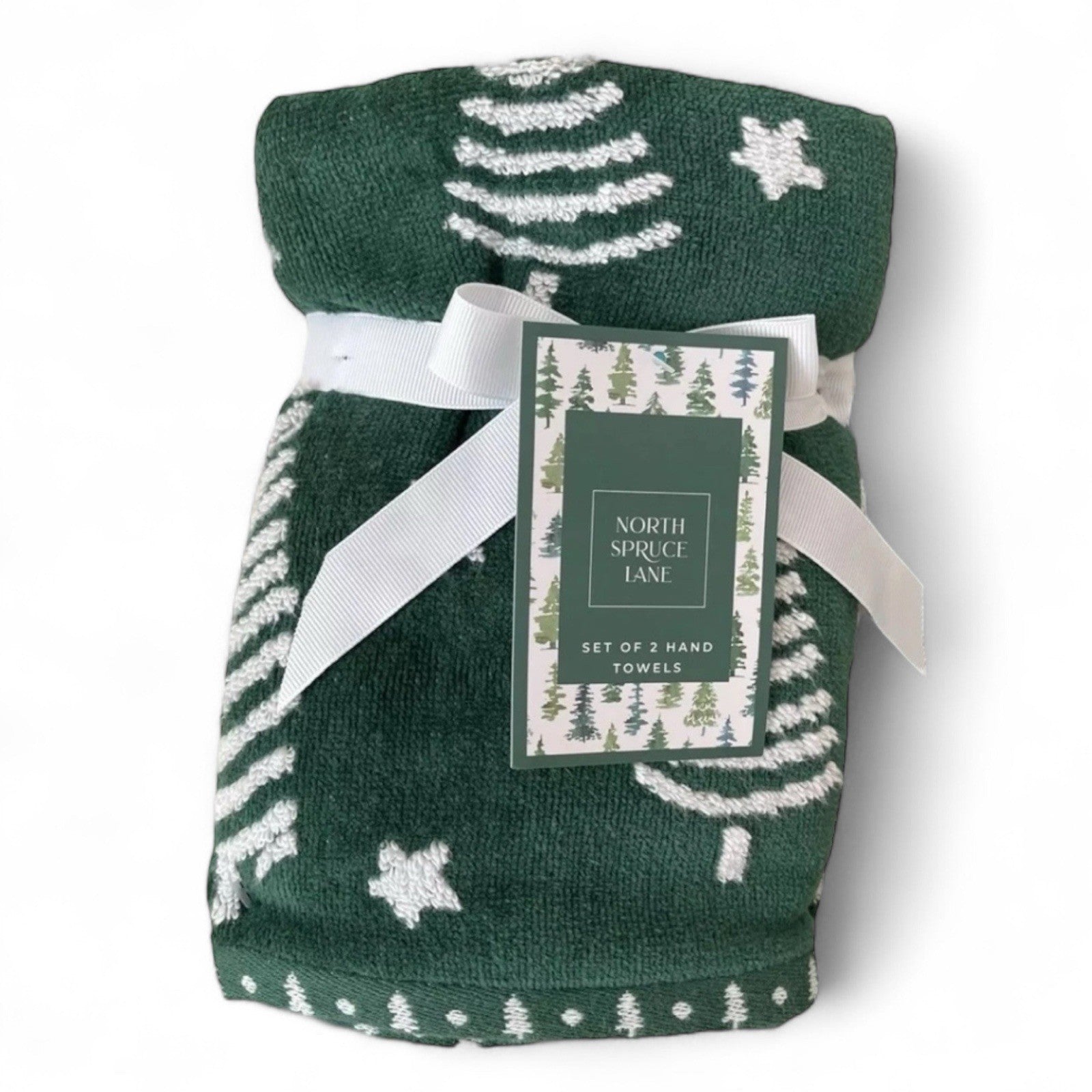 HTF Christmas Towel Set 4pc Green/White Embroidered North Spruce Lane Cotton - Trendiez U ♥ 