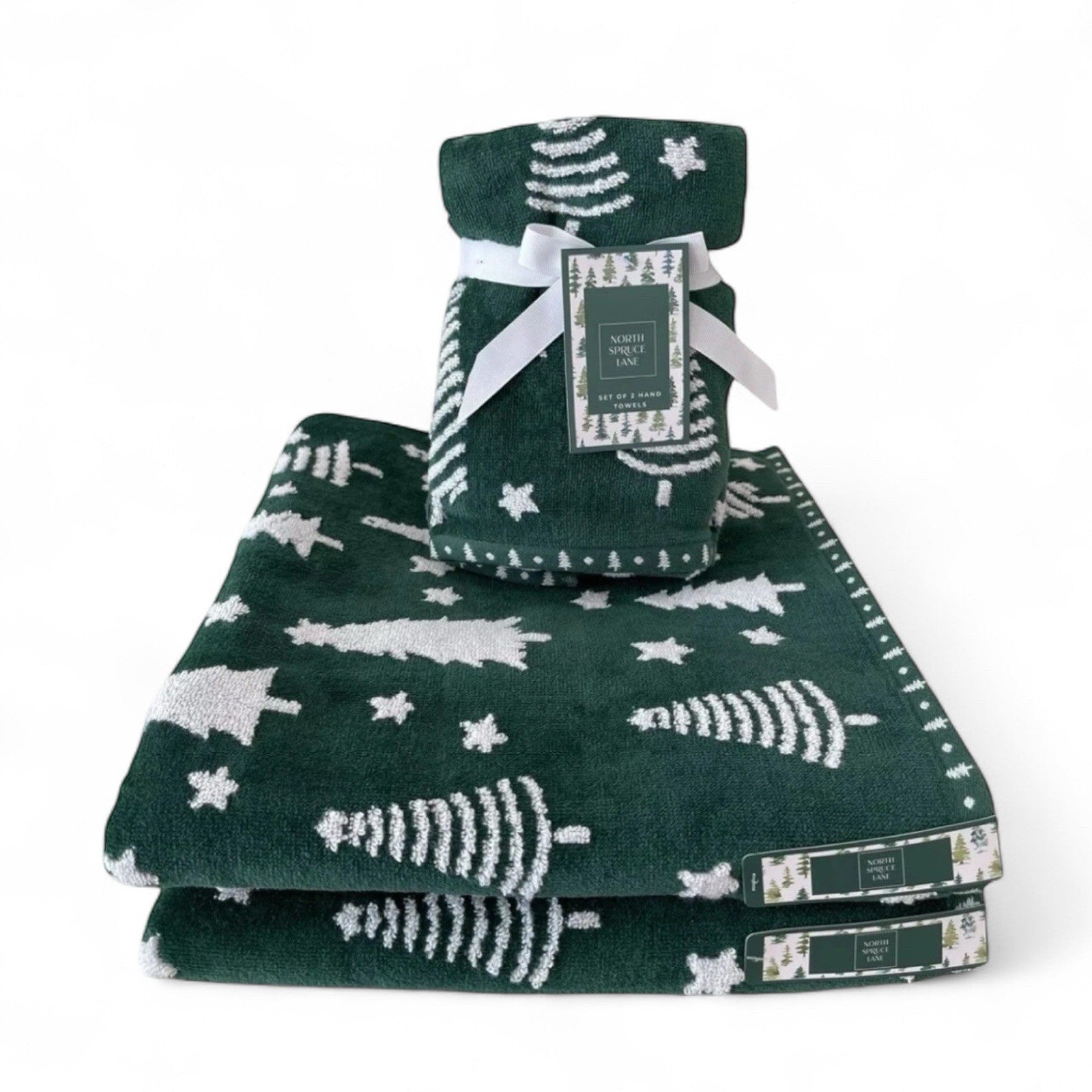 HTF Christmas Towel Set 4pc Green/White Embroidered North Spruce Lane Cotton - Trendiez U ♥ 