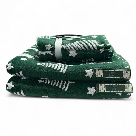 HTF Christmas Towel Set 4pc Green/White Embroidered North Spruce Lane Cotton - Trendiez U ♥ 