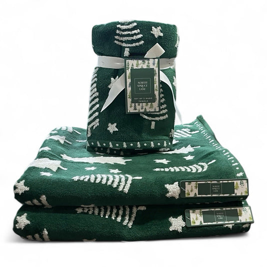 HTF Christmas Towel Set 4pc Green/White Embroidered North Spruce Lane Cotton - Trendiez U ♥ 