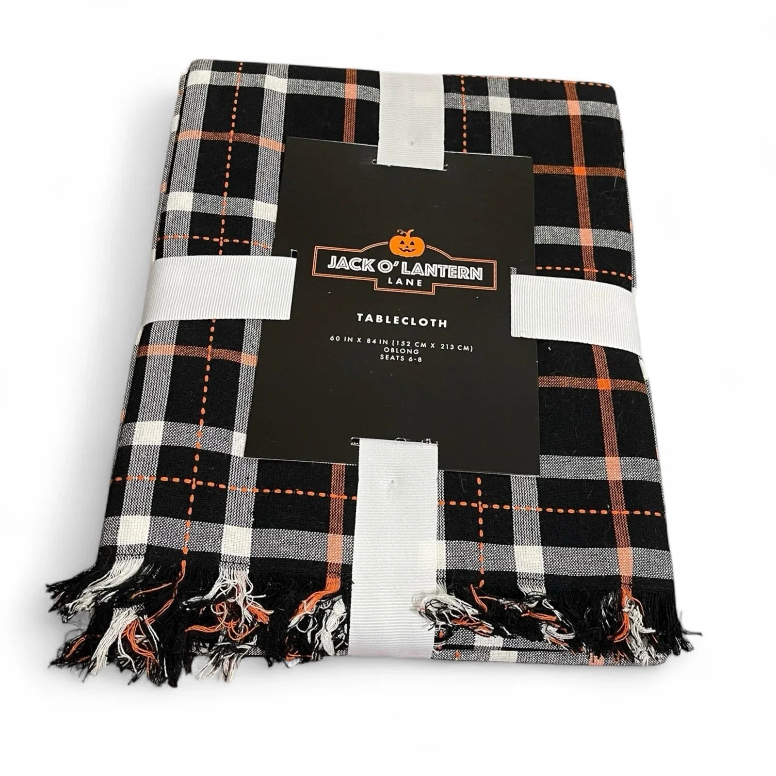Jack-O-Lantern Halloween Tablecloth Orange Black Plaid 60x84” Embroidered Oblong - Trendiez U ♥ 