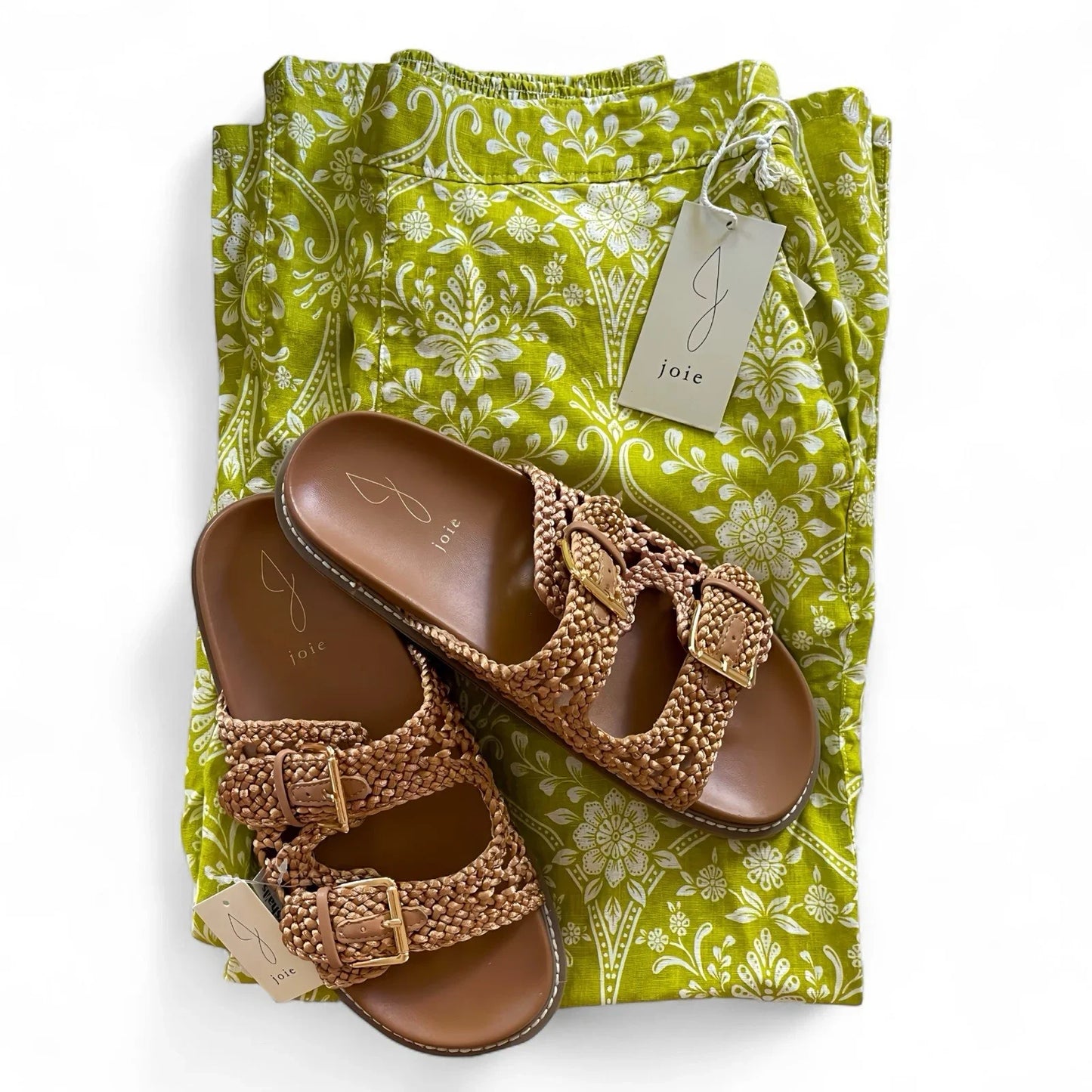 JOIE Green Floral Linen Wide Leg Pants Size M Weaver Slide Sandals Set Size 7.5 - Trendiez U ♥ 