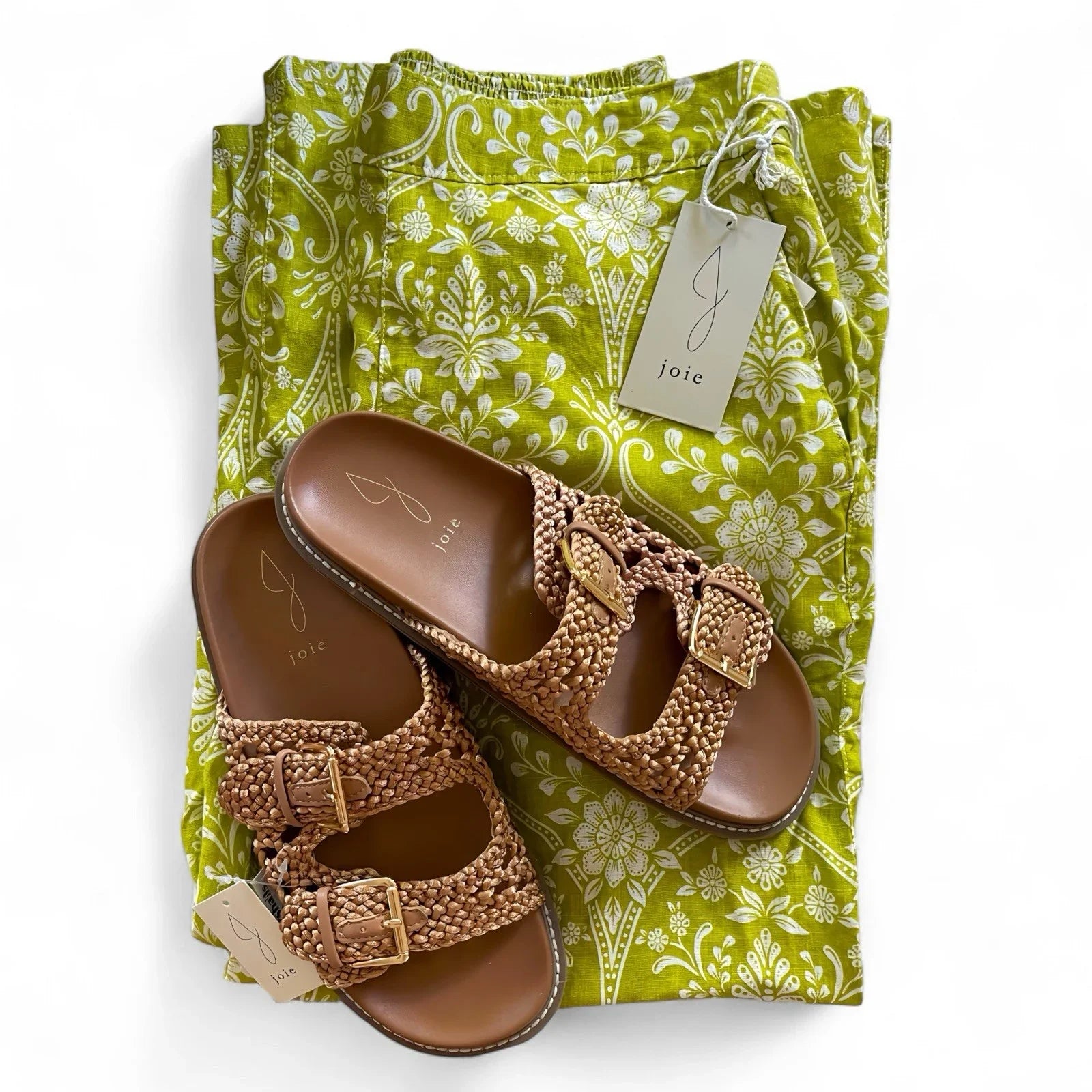 JOIE Green Floral Linen Wide Leg Pants Size M Weaver Slide Sandals Set Size 7.5 - Trendiez U ♥ 