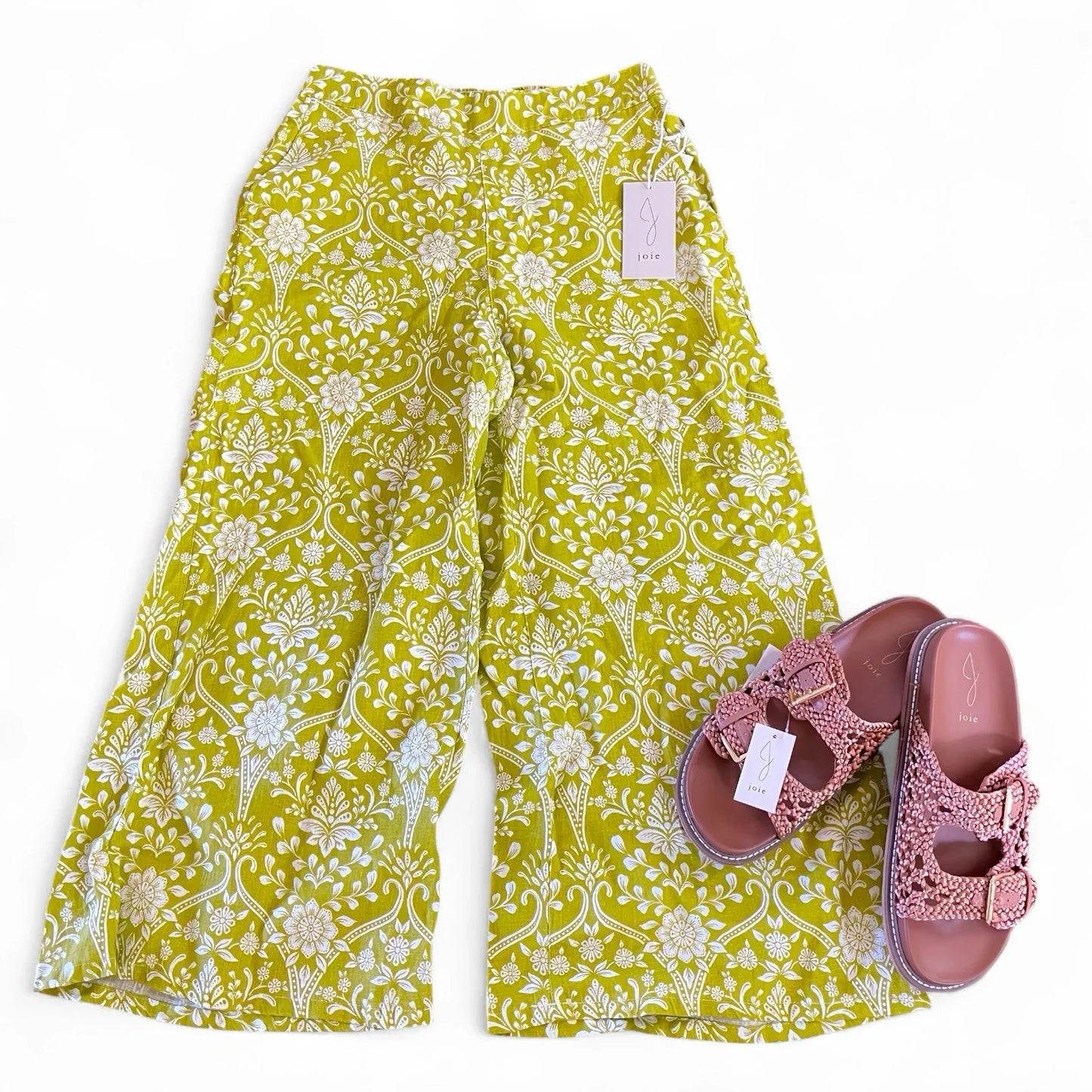 JOIE Green Floral Linen Wide Leg Pants Size M Weaver Slide Sandals Set Size 7.5 - Trendiez U ♥ 
