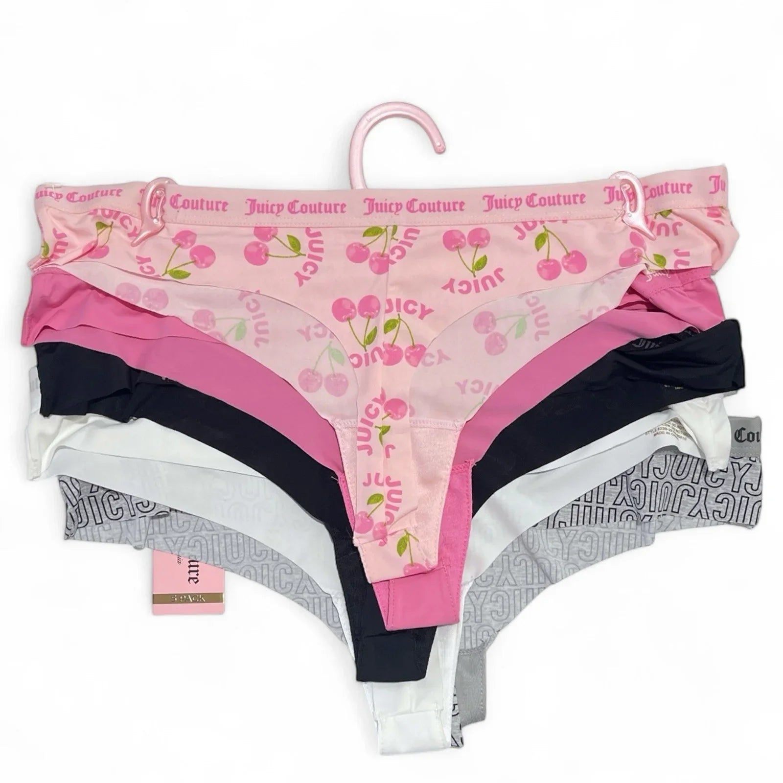 Juicy Couture 5-pack Thongs Panties Underwear Pink Cherries Logo Size L - Trendiez U ♥ 