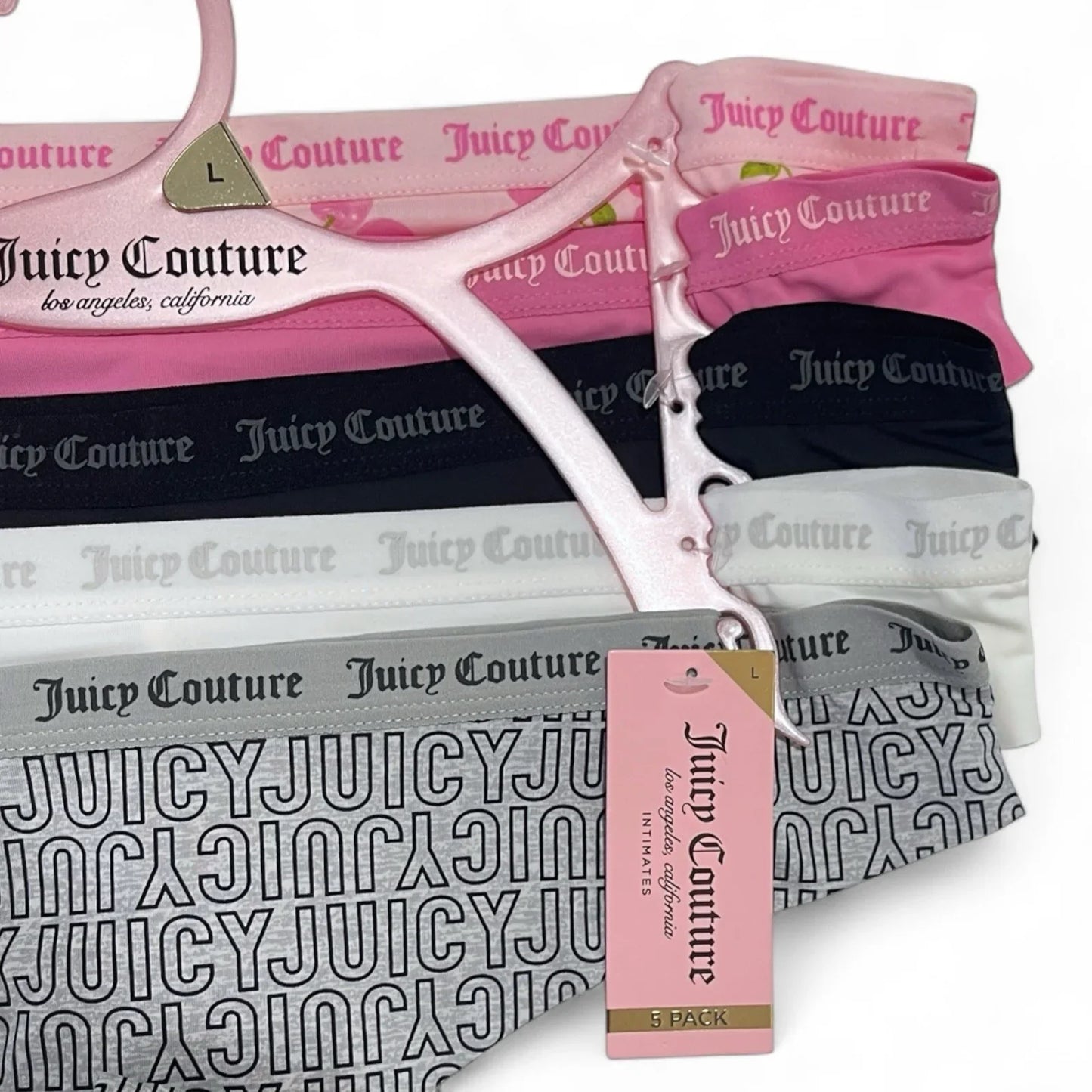 Juicy Couture 5-pack Thongs Panties Underwear Pink Cherries Logo Size L - Trendiez U ♥ 