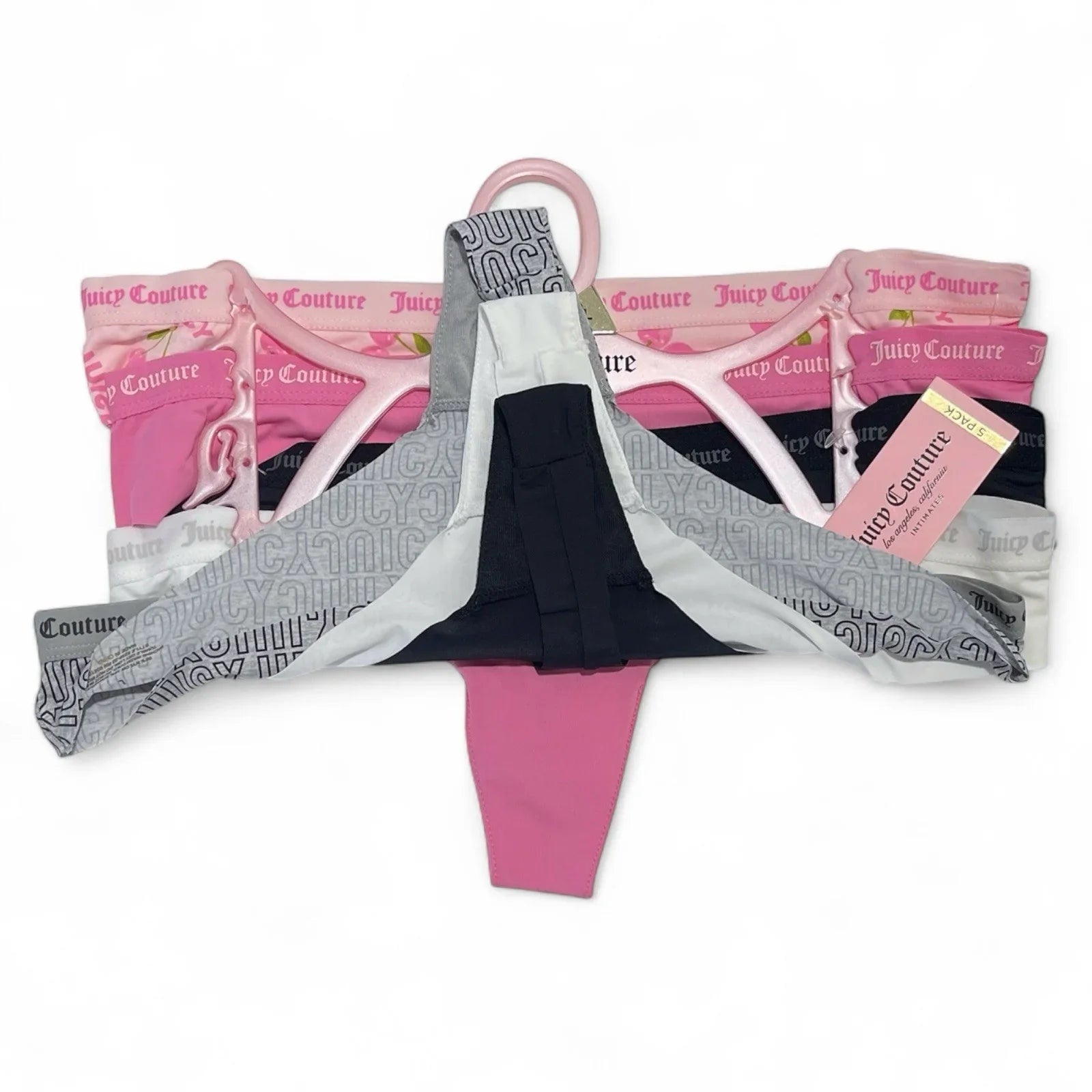 Juicy Couture 5-pack Thongs Panties Underwear Pink Cherries Logo Size L - Trendiez U ♥ 