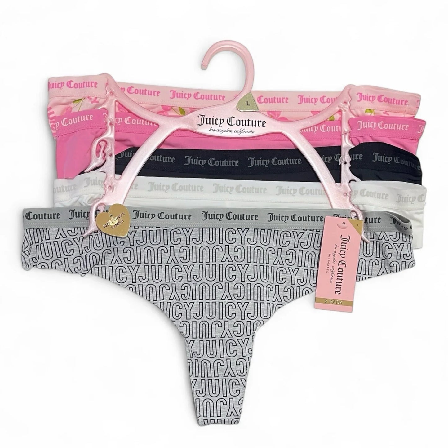 Juicy Couture 5-pack Thongs Panties Underwear Pink Cherries Logo Size L - Trendiez U ♥ 