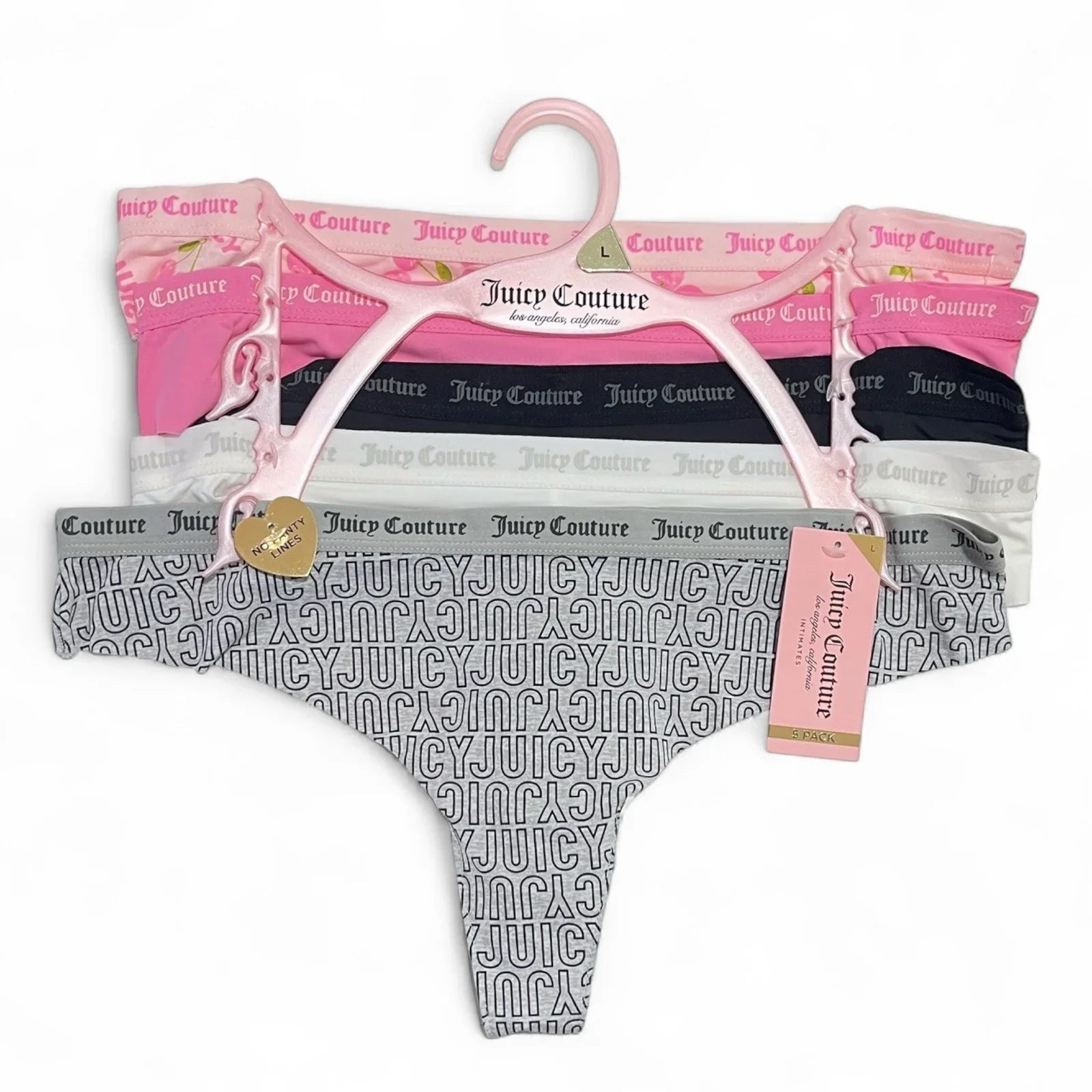 Juicy Couture 5-pack Thongs Panties Underwear Pink Cherries Logo Size L - Trendiez U ♥ 