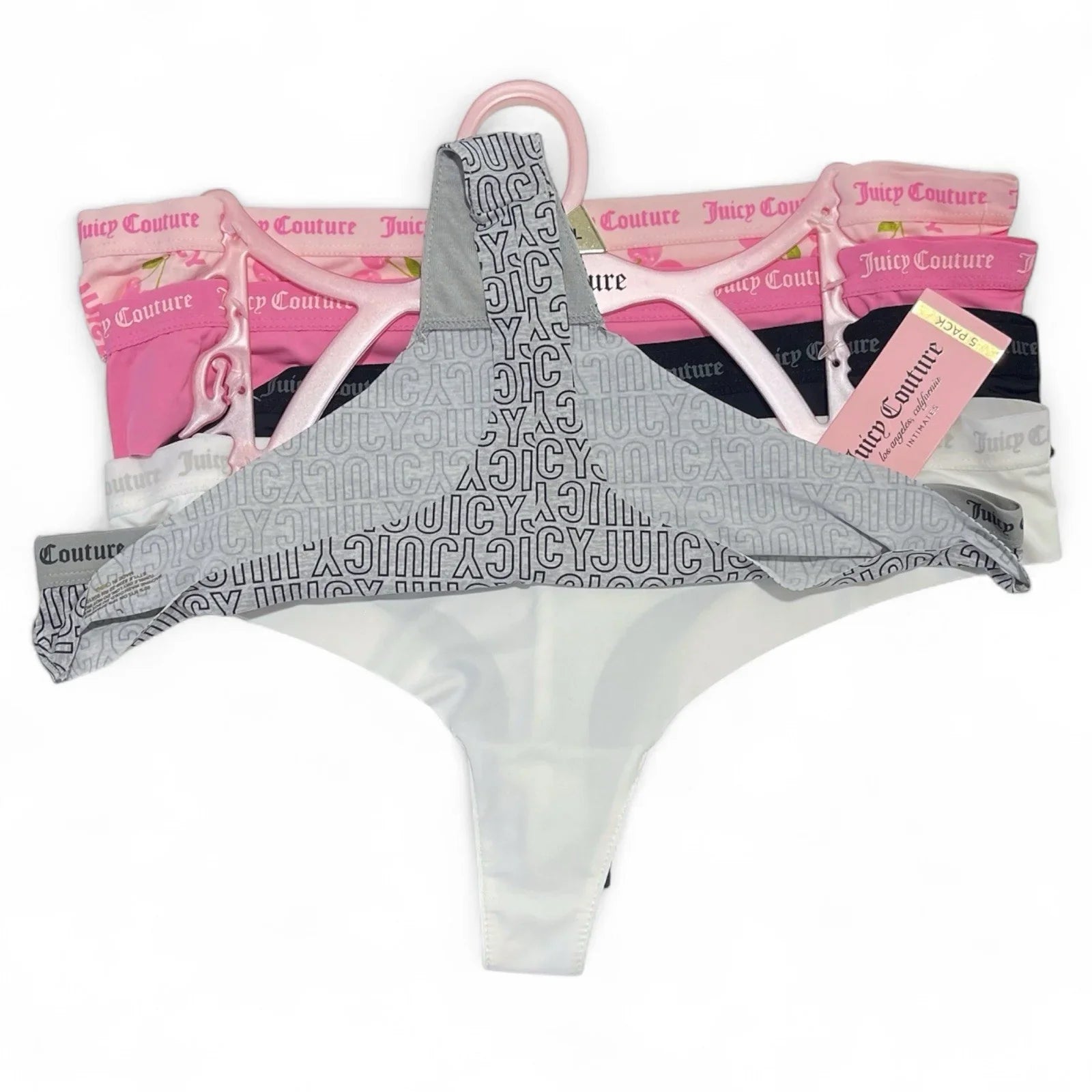 Juicy Couture 5-pack Thongs Panties Underwear Pink Cherries Logo Size L - Trendiez U ♥ 