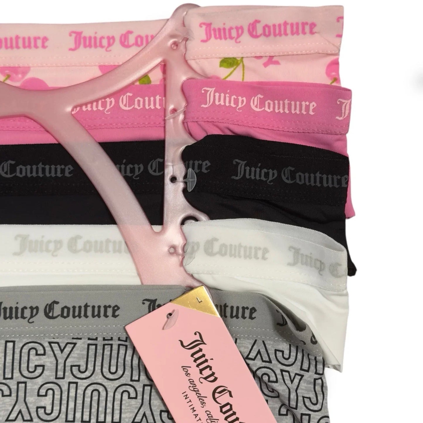 Juicy Couture 5-pack Thongs Panties Underwear Pink Cherries Logo Size L - Trendiez U ♥ 