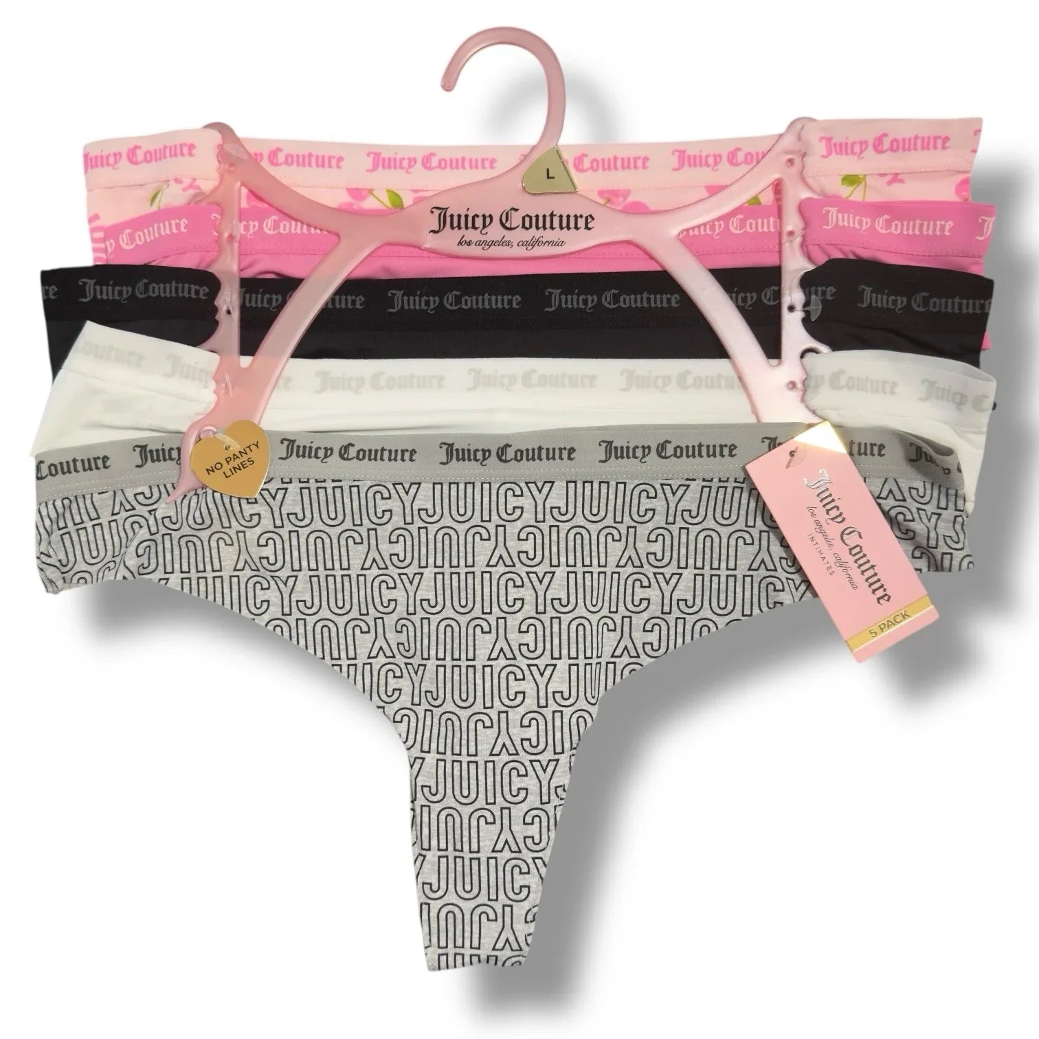 Juicy Couture 5-pack Thongs Panties Underwear Pink Cherries Logo Size L - Trendiez U ♥ 