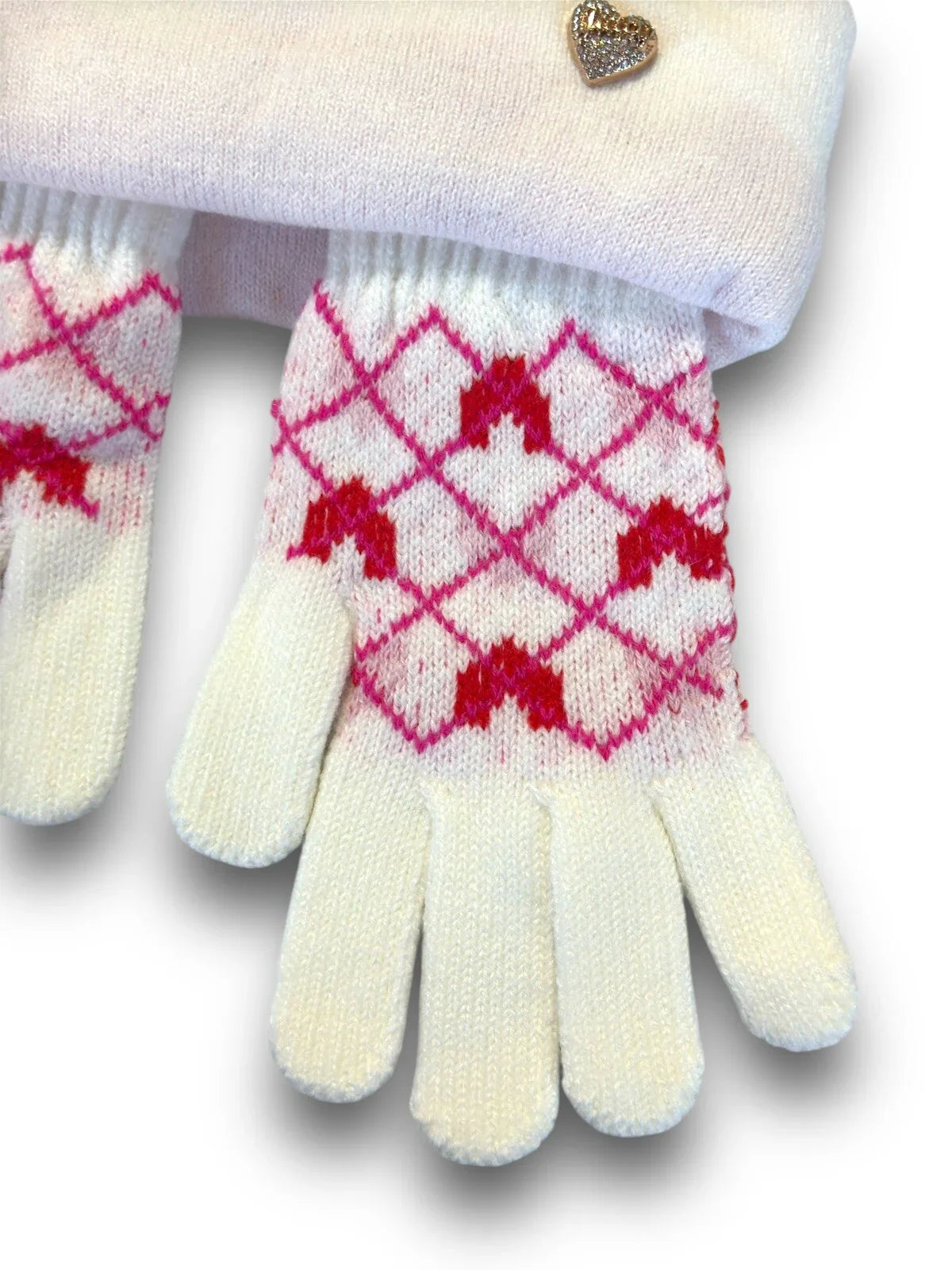 JUICY COUTURE Women’s Kids BEANIE HAT GLOVES SET WHITE RED PINK W HEARTS - Trendiez U ♥ 