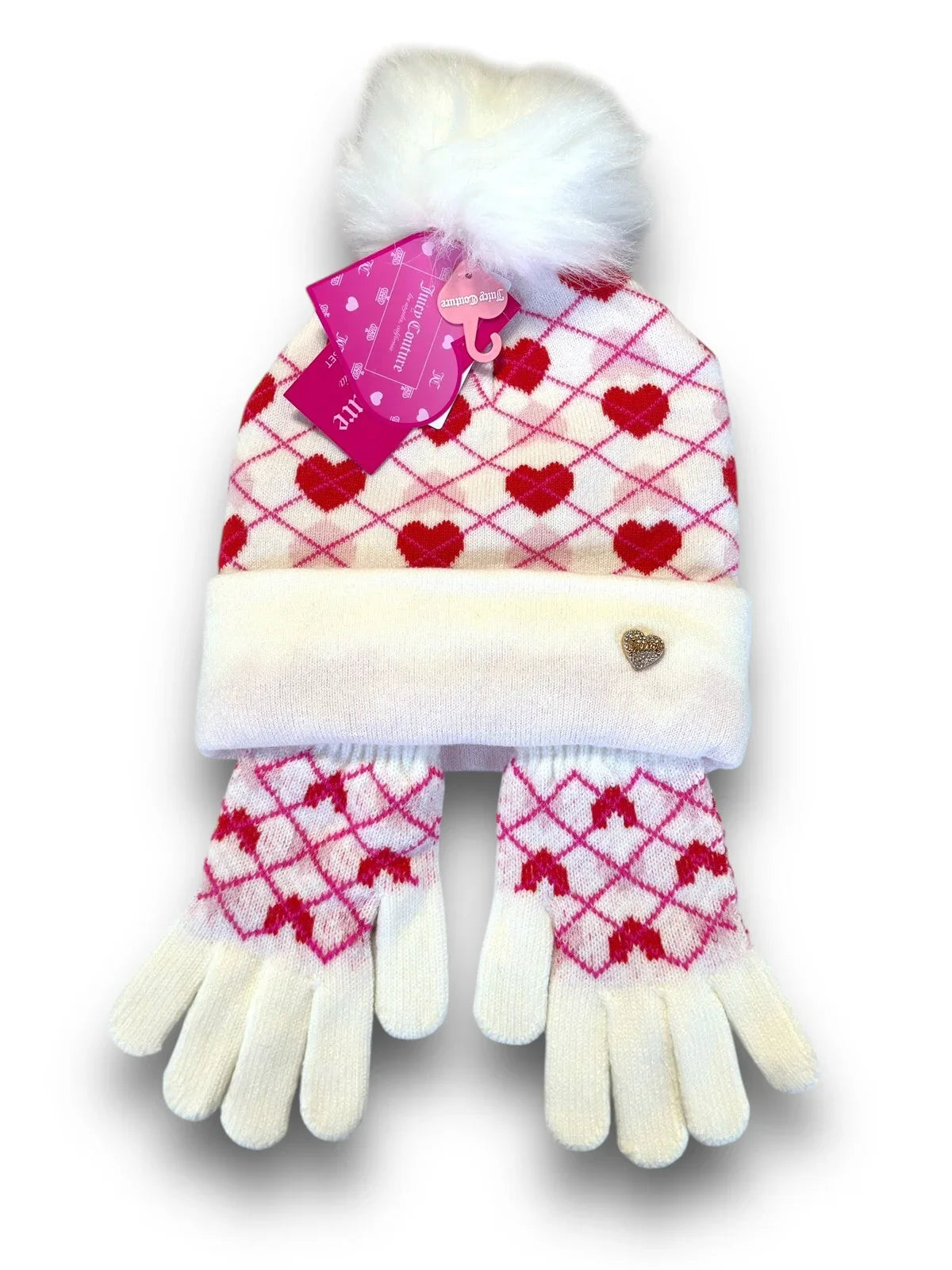 JUICY COUTURE Women’s Kids BEANIE HAT GLOVES SET WHITE RED PINK W HEARTS - Trendiez U ♥ 