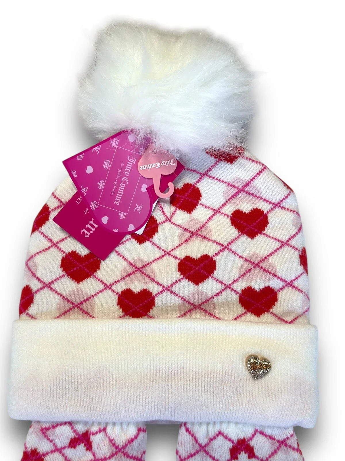 JUICY COUTURE Women’s Kids BEANIE HAT GLOVES SET WHITE RED PINK W HEARTS - Trendiez U ♥ 