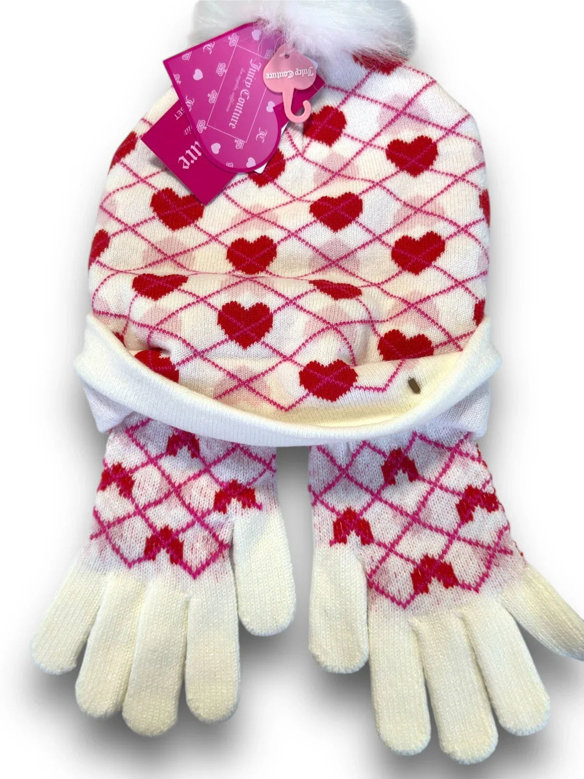 JUICY COUTURE Women’s Kids BEANIE HAT GLOVES SET WHITE RED PINK W HEARTS - Trendiez U ♥ 