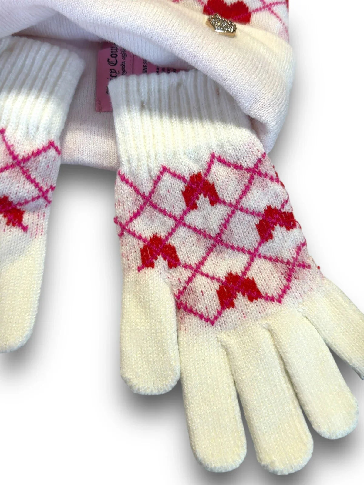 JUICY COUTURE Women’s Kids BEANIE HAT GLOVES SET WHITE RED PINK W HEARTS - Trendiez U ♥ 