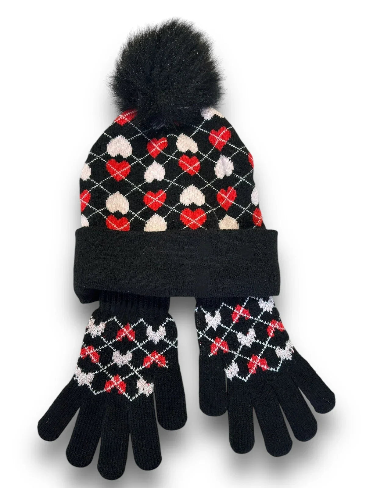 JUICY COUTURE WOMENS KIDS BEANIE HAT GLOVES SET BLACK RED PINK W HEARTS ONE SIZE - Trendiez U ♥ 