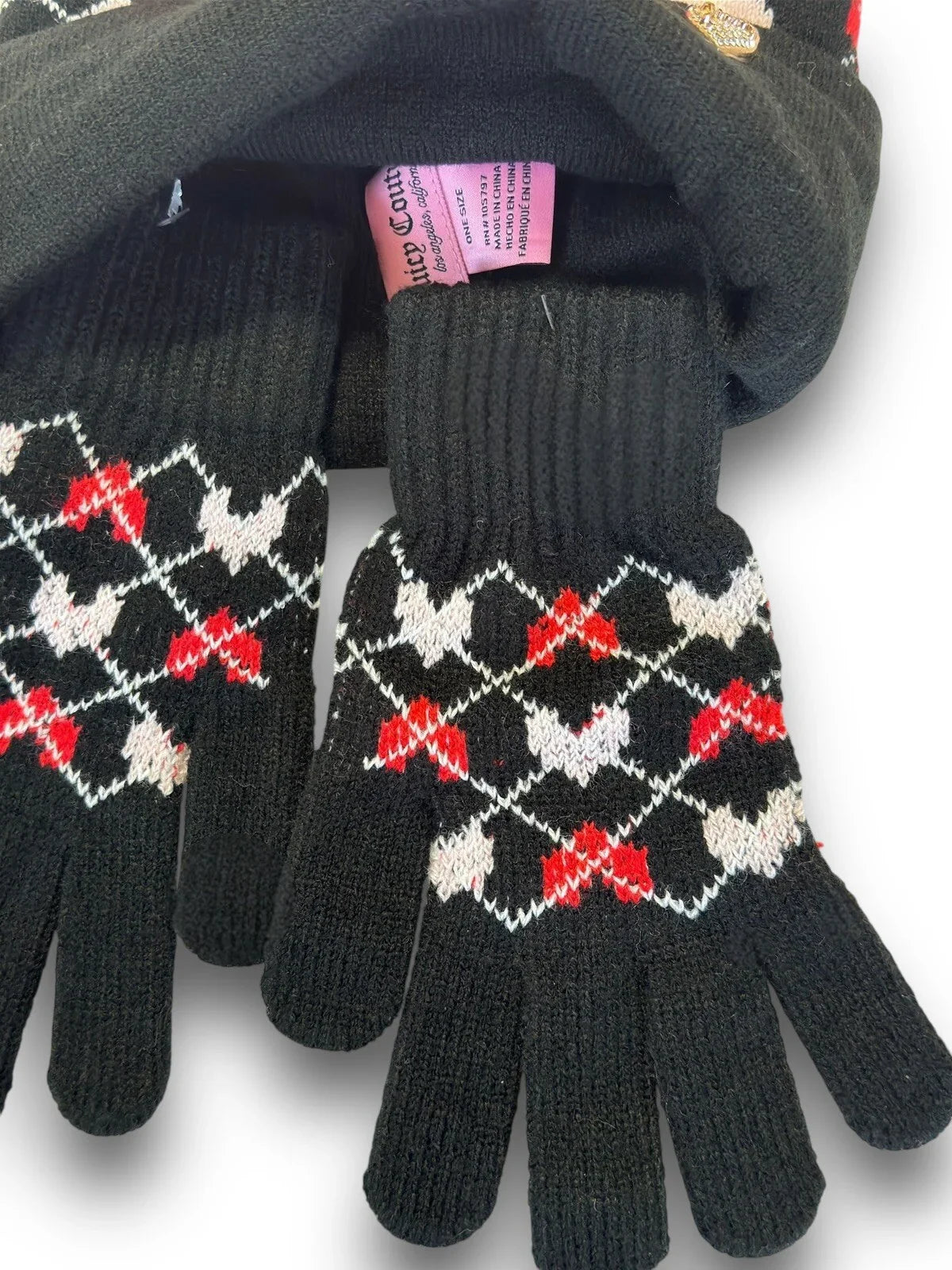 JUICY COUTURE WOMENS KIDS BEANIE HAT GLOVES SET BLACK RED PINK W HEARTS ONE SIZE - Trendiez U ♥ 