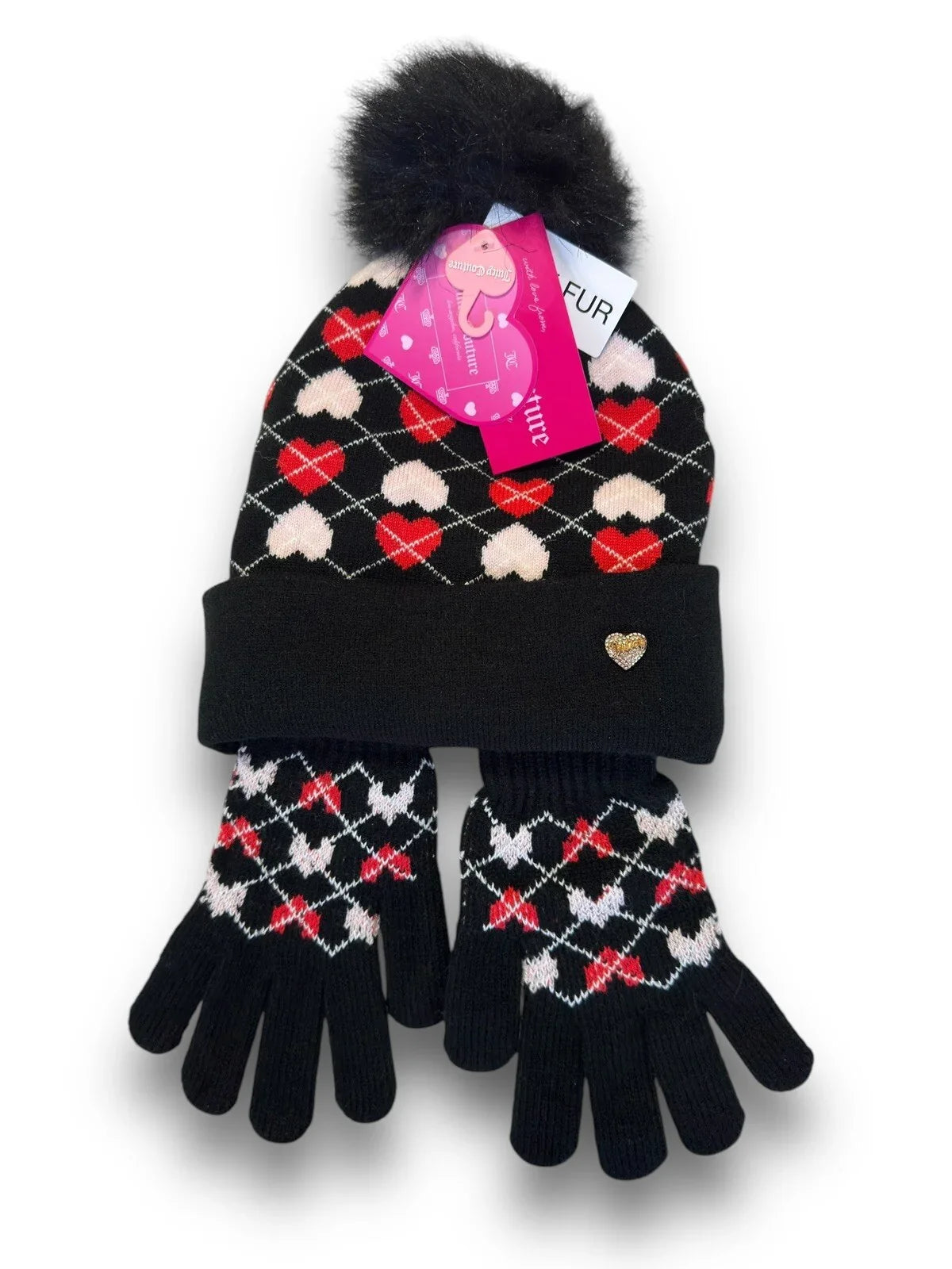 JUICY COUTURE WOMENS KIDS BEANIE HAT GLOVES SET BLACK RED PINK W HEARTS ONE SIZE - Trendiez U ♥ 
