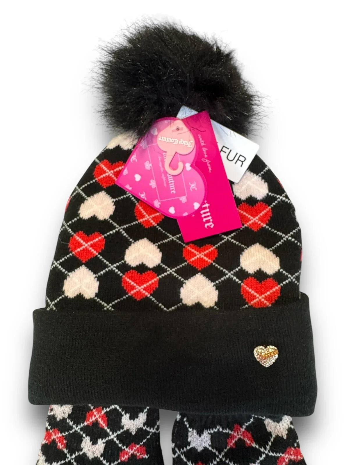 JUICY COUTURE WOMENS KIDS BEANIE HAT GLOVES SET BLACK RED PINK W HEARTS ONE SIZE - Trendiez U ♥ 