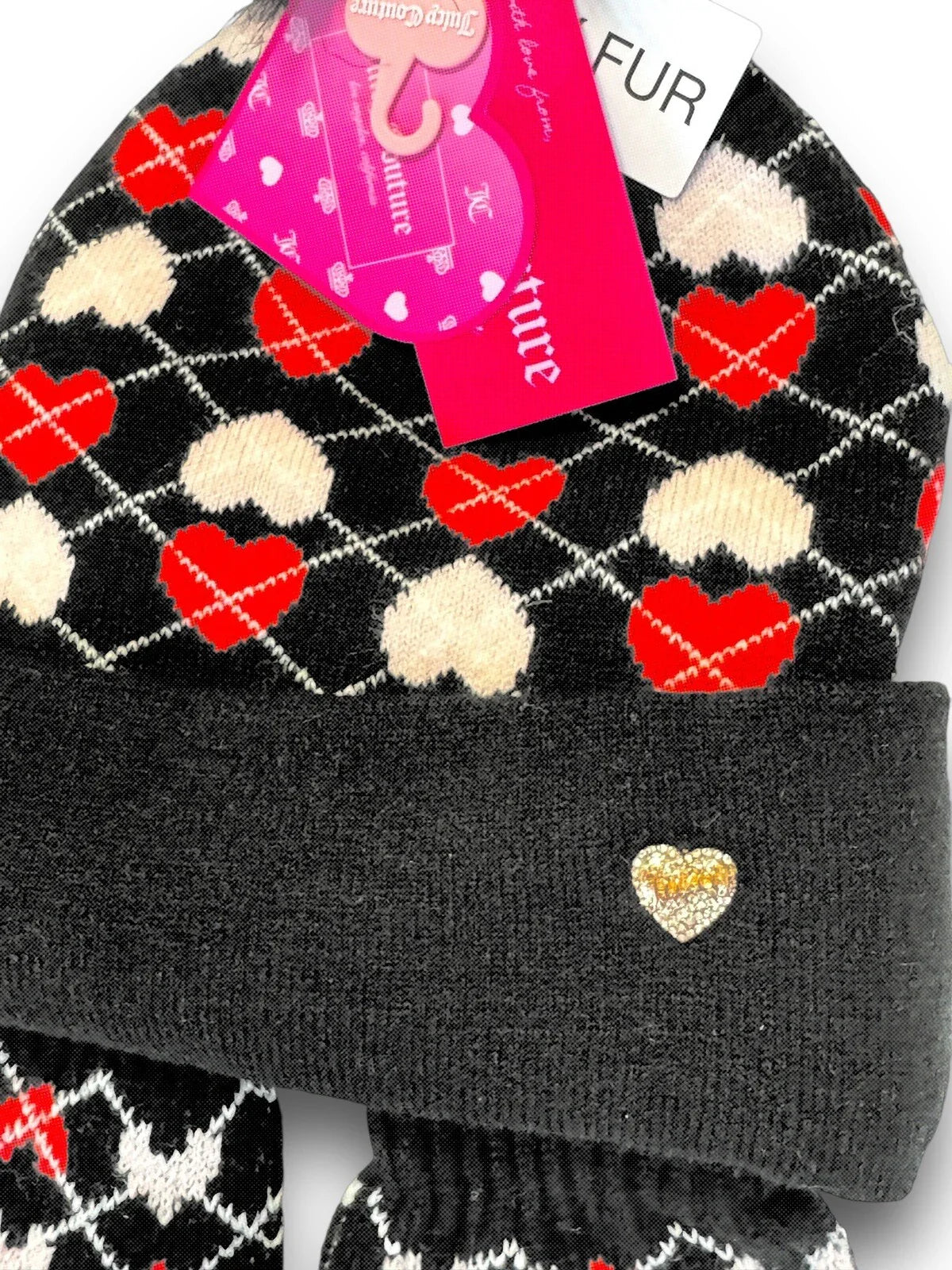 JUICY COUTURE WOMENS KIDS BEANIE HAT GLOVES SET BLACK RED PINK W HEARTS ONE SIZE - Trendiez U ♥ 
