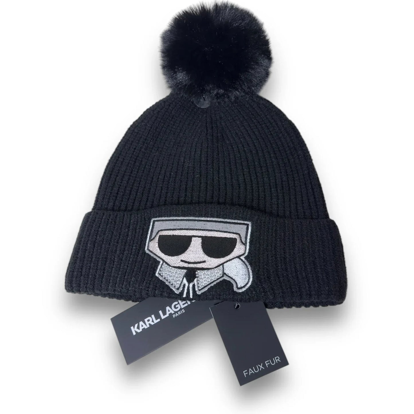 KARL LAGERFELD Women's Faux-Fur Pom Rhinestone Karl Beanie Winter Hat BLACK Gift - Trendiez U ♥ 