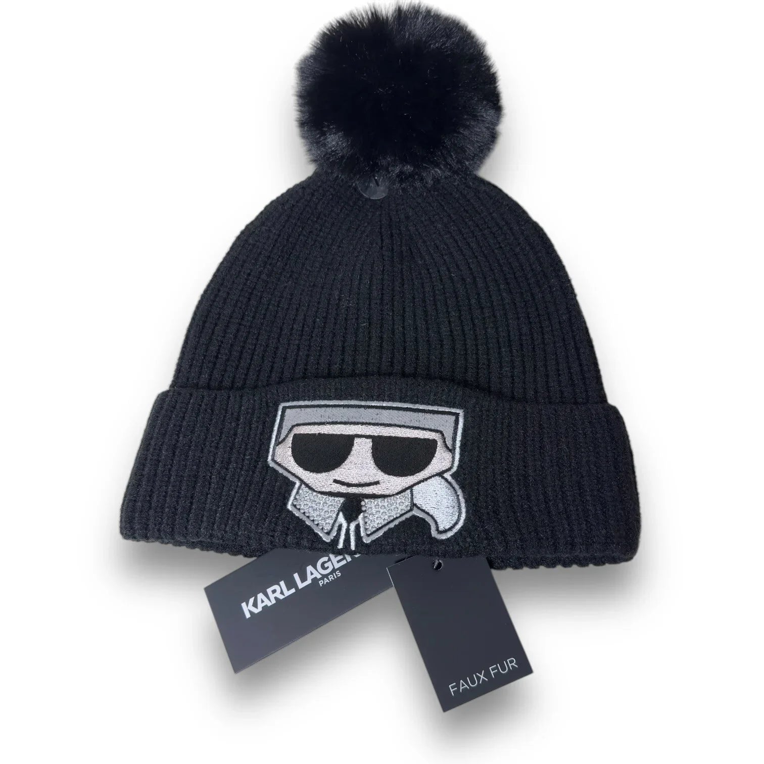 KARL LAGERFELD Women's Faux-Fur Pom Rhinestone Karl Beanie Winter Hat BLACK Gift - Trendiez U ♥ 