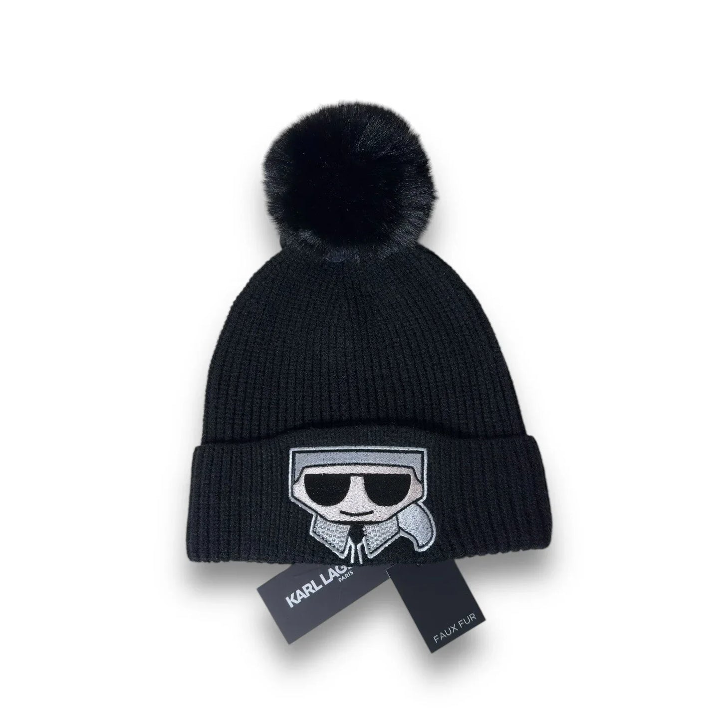 KARL LAGERFELD Women's Faux-Fur Pom Rhinestone Karl Beanie Winter Hat BLACK Gift - Trendiez U ♥ 