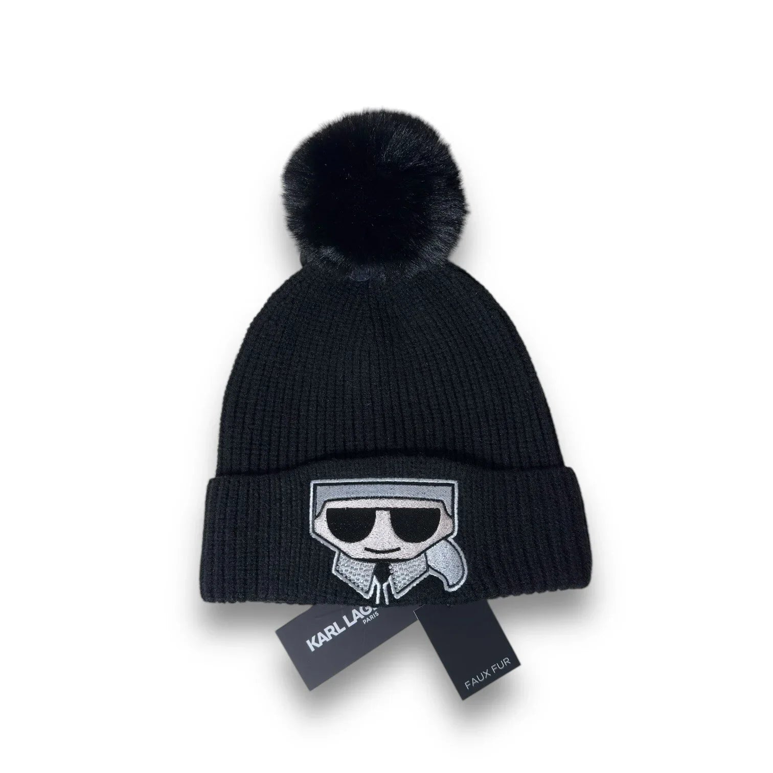 KARL LAGERFELD Women's Faux-Fur Pom Rhinestone Karl Beanie Winter Hat BLACK Gift - Trendiez U ♥ 