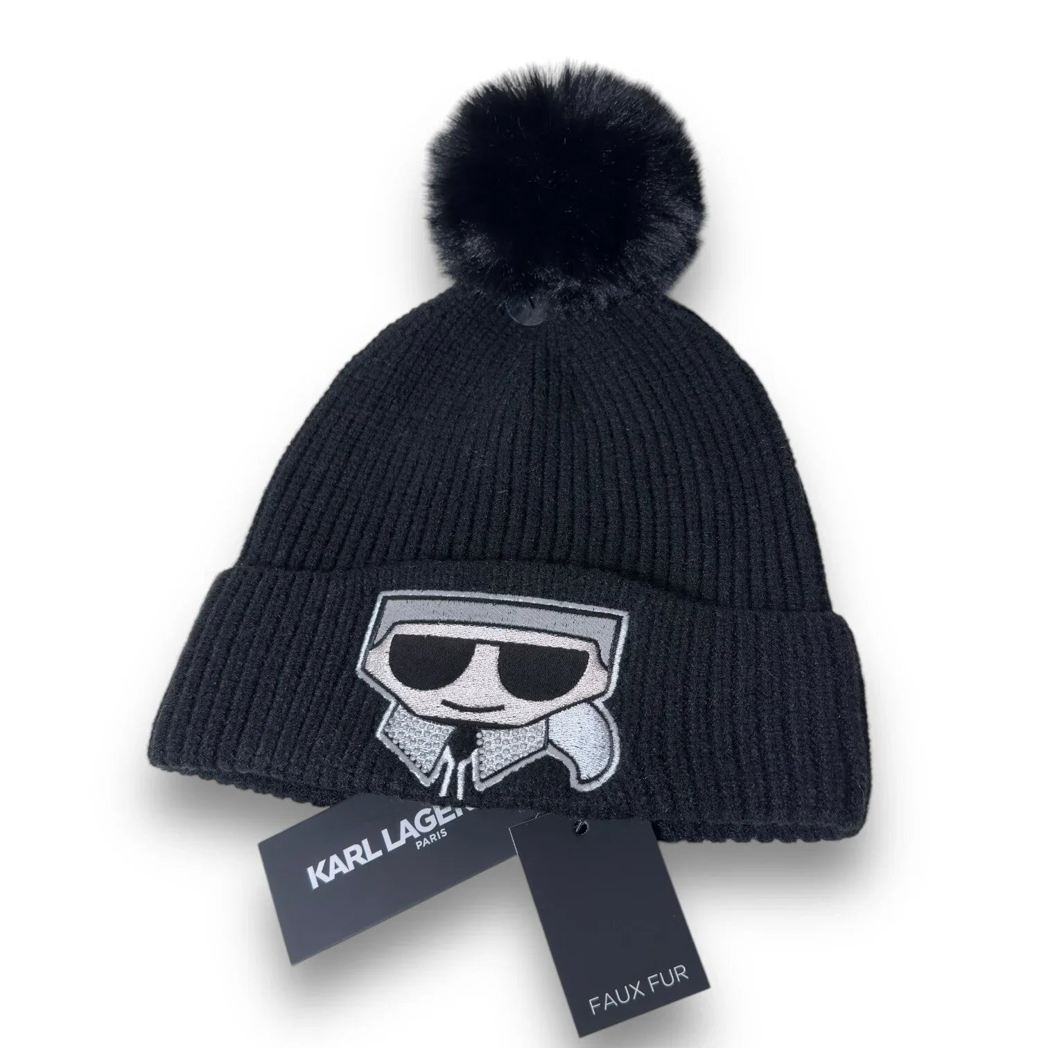 KARL LAGERFELD Women's Faux-Fur Pom Rhinestone Karl Beanie Winter Hat BLACK Gift - Trendiez U ♥ 