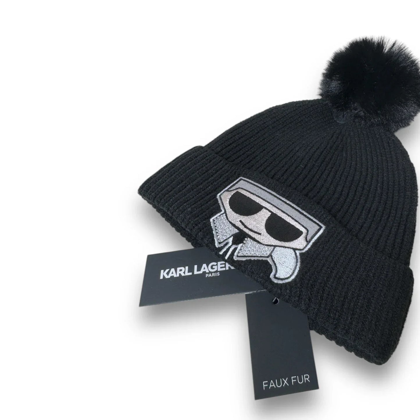 KARL LAGERFELD Women's Faux-Fur Pom Rhinestone Karl Beanie Winter Hat BLACK Gift - Trendiez U ♥ 