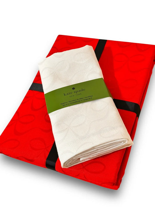 Kate Spade Tablecloth Oblong Fabric Red Bows 60" x 120" White Table Napkins - Trendiez U ♥ 