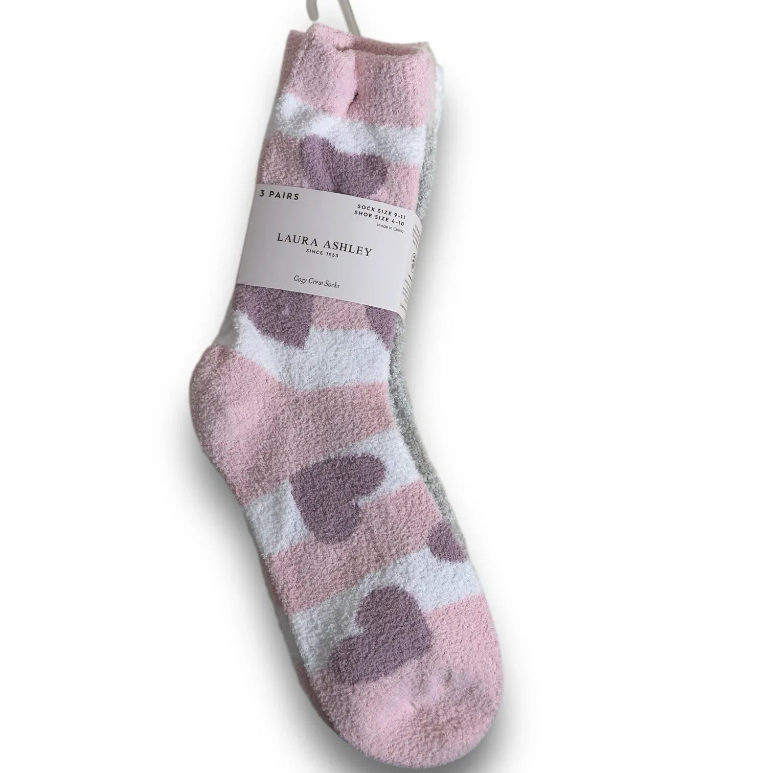 Laura Ashley 3 Pr Women's Warm Fuzzy Hearts White Pink Slipper Socks 4-10 - Trendiez U ♥ 