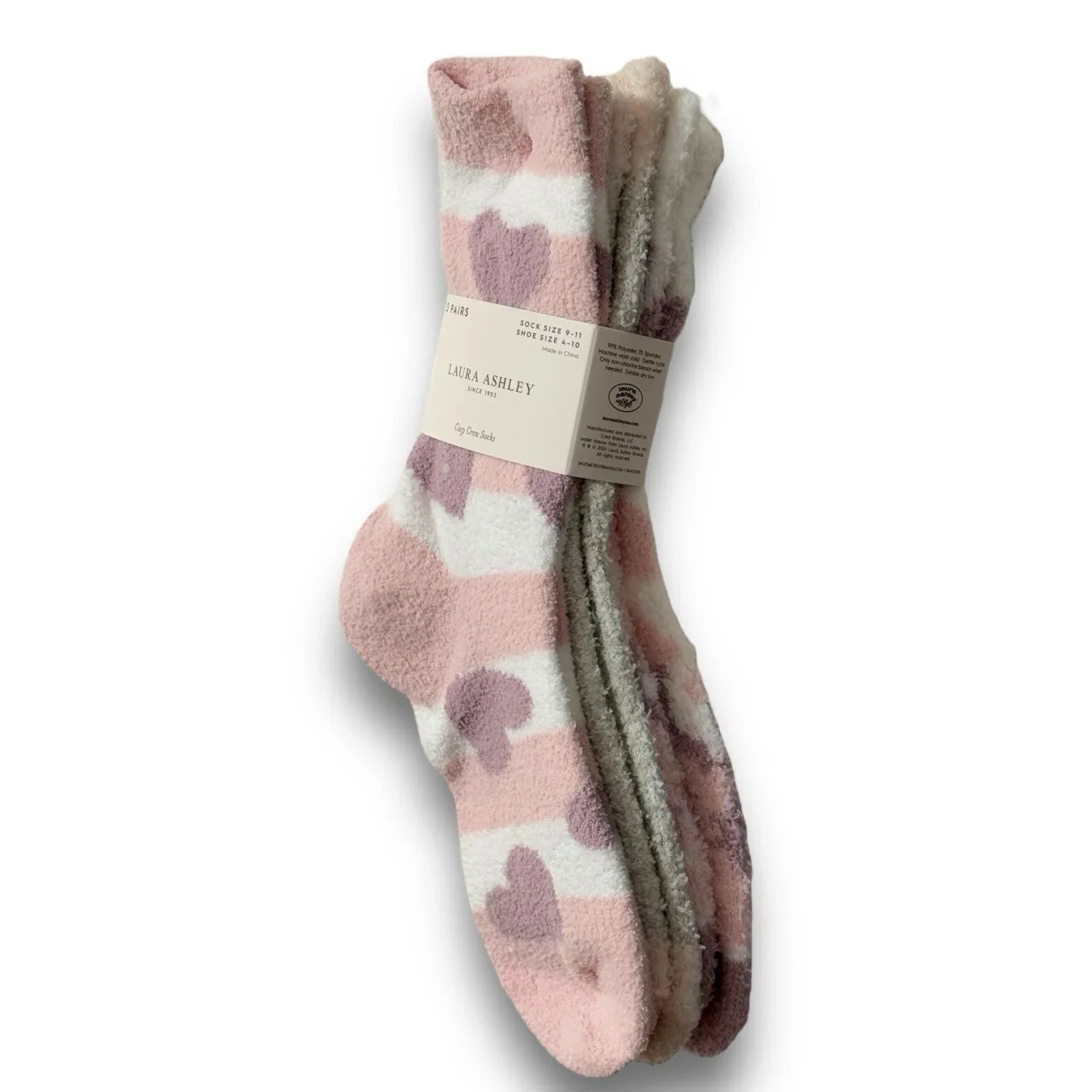 Laura Ashley 3 Pr Women's Warm Fuzzy Hearts White Pink Slipper Socks 4-10 - Trendiez U ♥ 