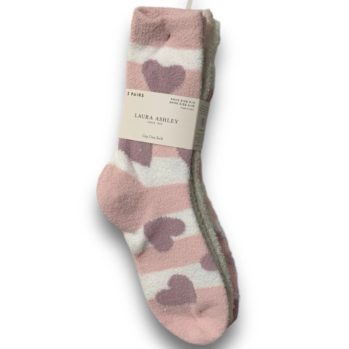 Laura Ashley 3 Pr Women's Warm Fuzzy Hearts White Pink Slipper Socks 4-10 - Trendiez U ♥ 