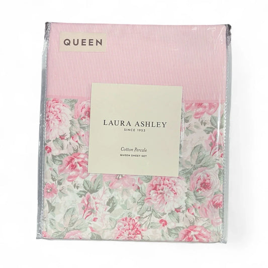 Laura Ashley Aveline Queen Sheet Set - Pink Floral, Sage Green Farmhouse Style - Trendiez U ♥ 
