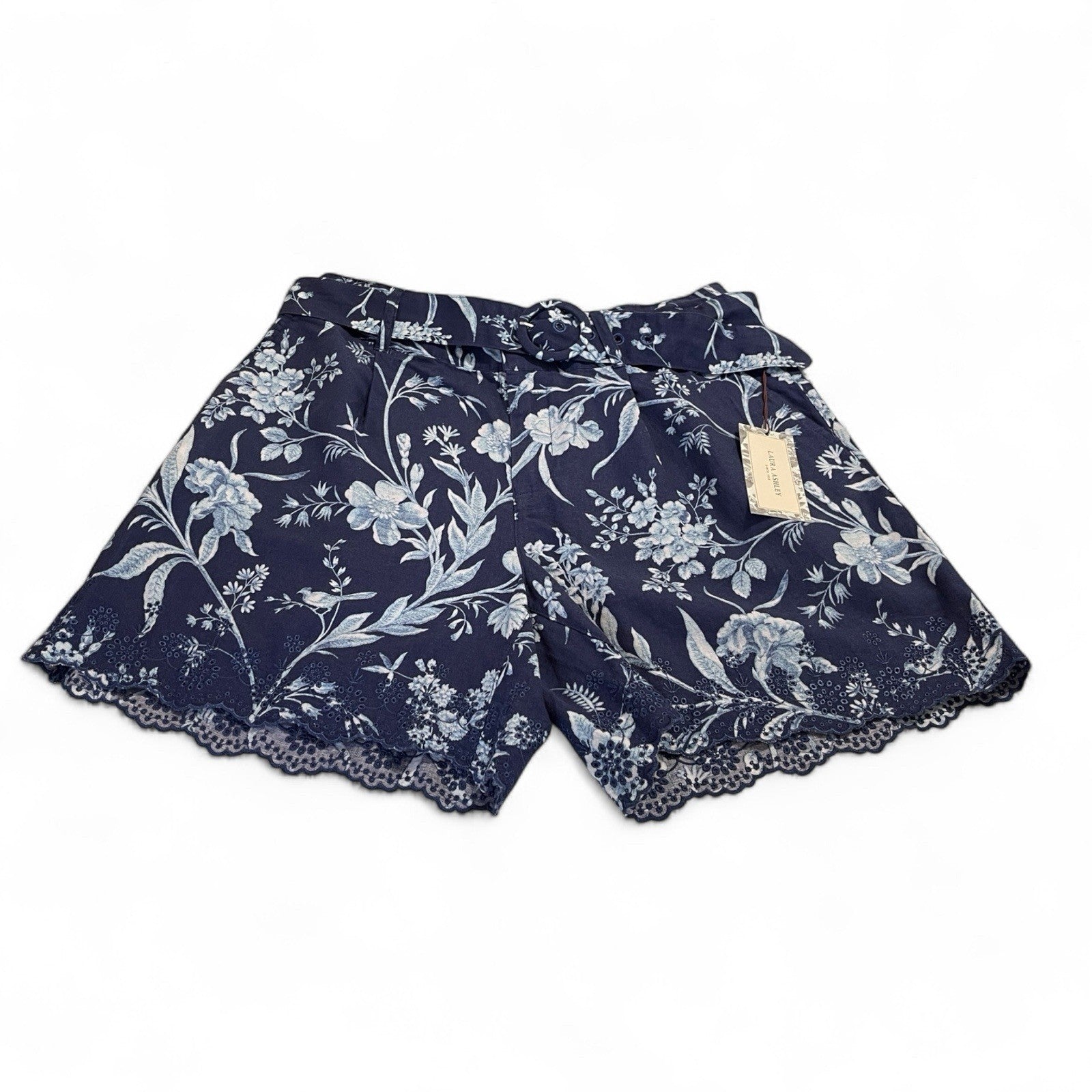 Laura Ashley Women’s High-Waist Linen Shorts – Blue/White Floral - Trendiez U ♥ 