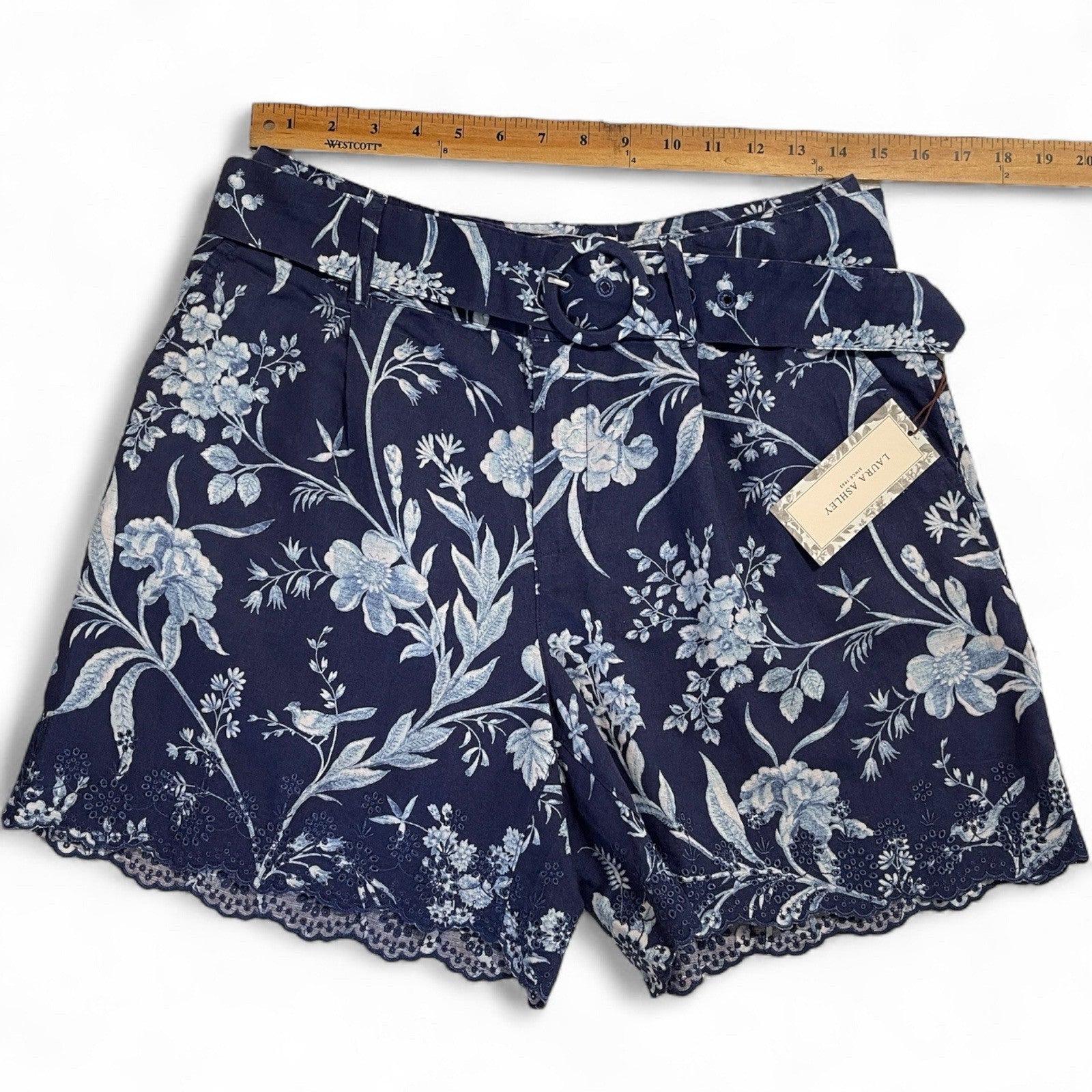 Laura Ashley Women’s High-Waist Linen Shorts – Blue/White Floral - Trendiez U ♥ 
