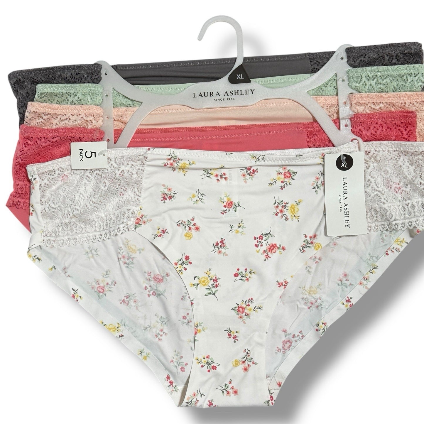 Laura Ashley Women’s Lace Panties – 5-Pair Floral Nylon Blend, Size Large - Trendiez U ♥ 