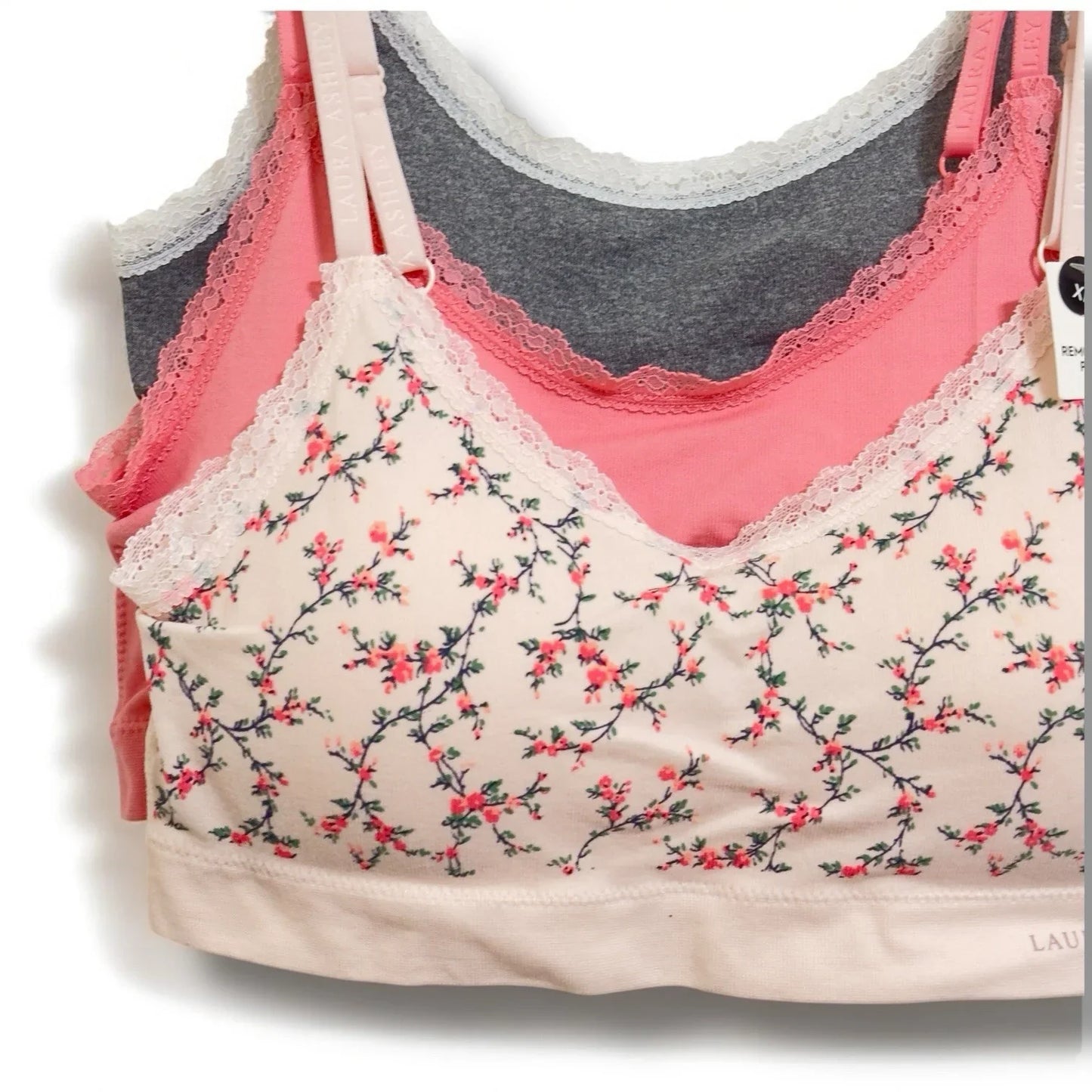 Laura Ashley Womens 3 Pack Comfort Bra XL Removable Pads Pinks Grays Floral - Trendiez U ♥ 