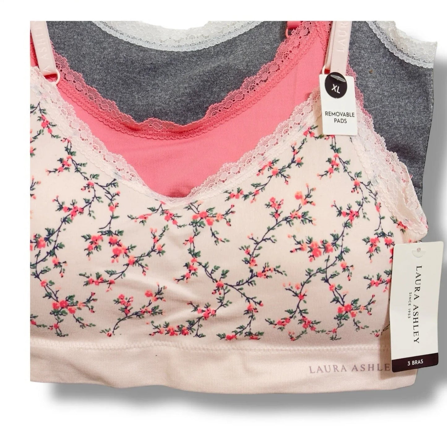 Laura Ashley Womens 3 Pack Comfort Bra XL Removable Pads Pinks Grays Floral - Trendiez U ♥ 
