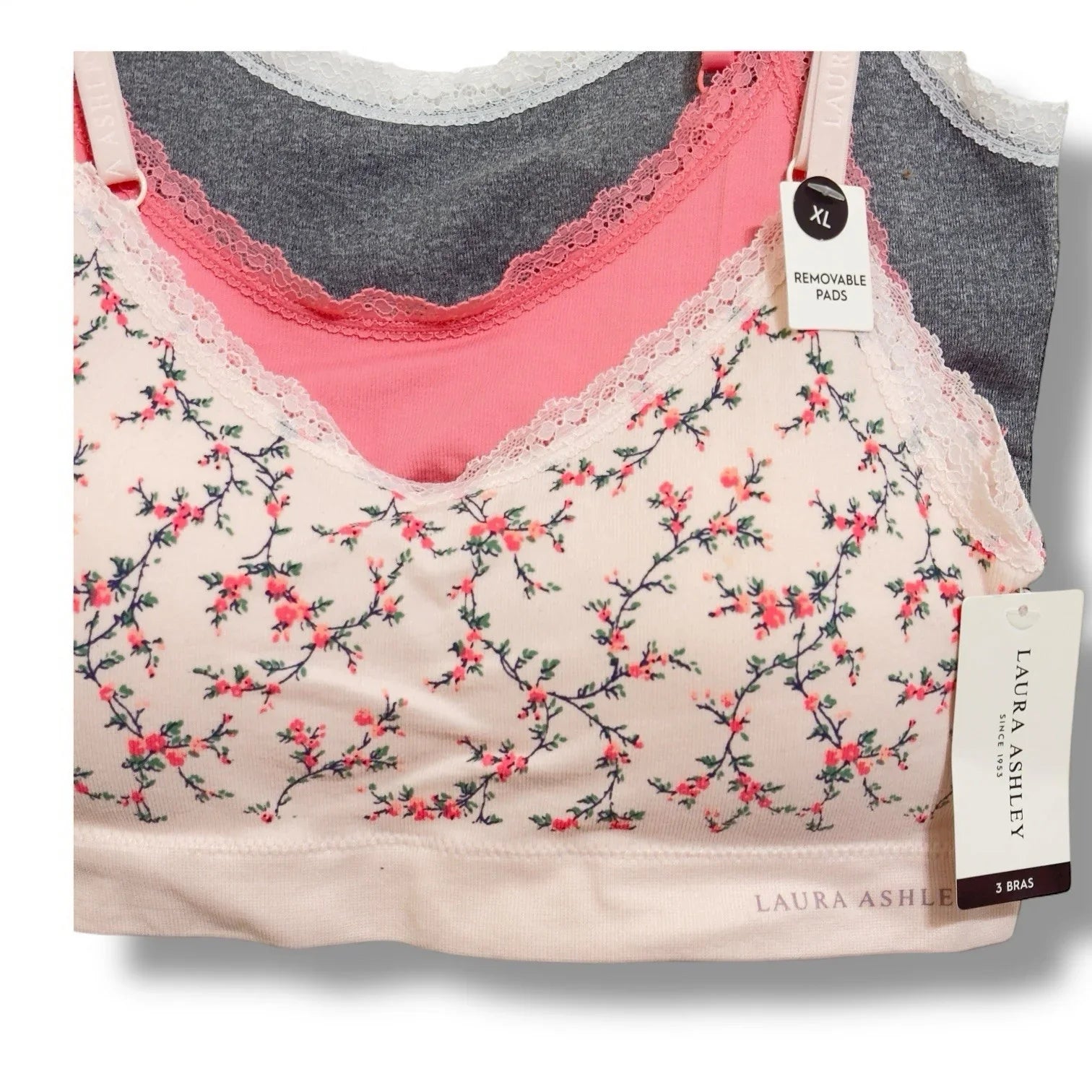 Laura Ashley Womens 3 Pack Comfort Bra XL Removable Pads Pinks Grays Floral - Trendiez U ♥ 