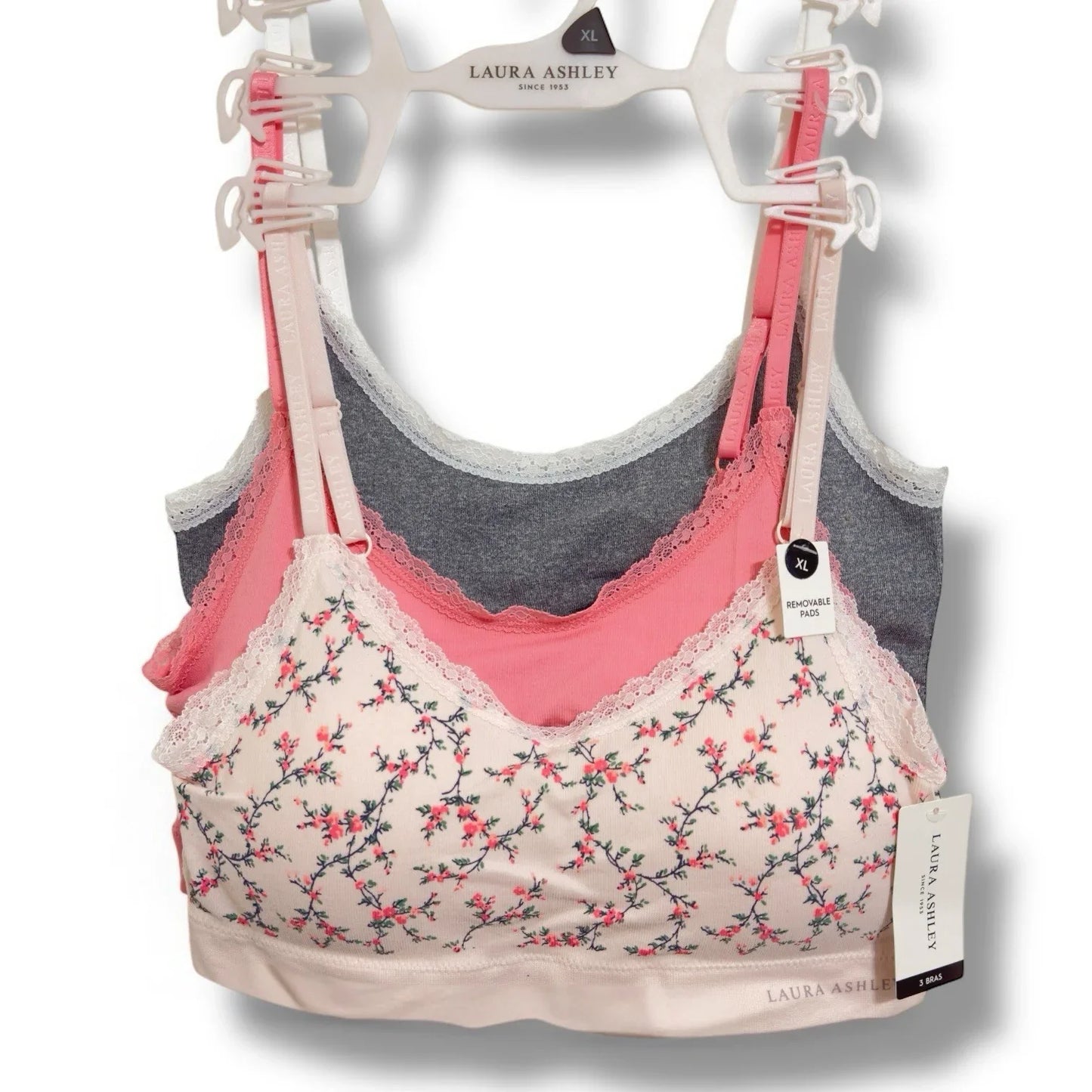 Laura Ashley Womens 3 Pack Comfort Bra XL Removable Pads Pinks Grays Floral - Trendiez U ♥ 