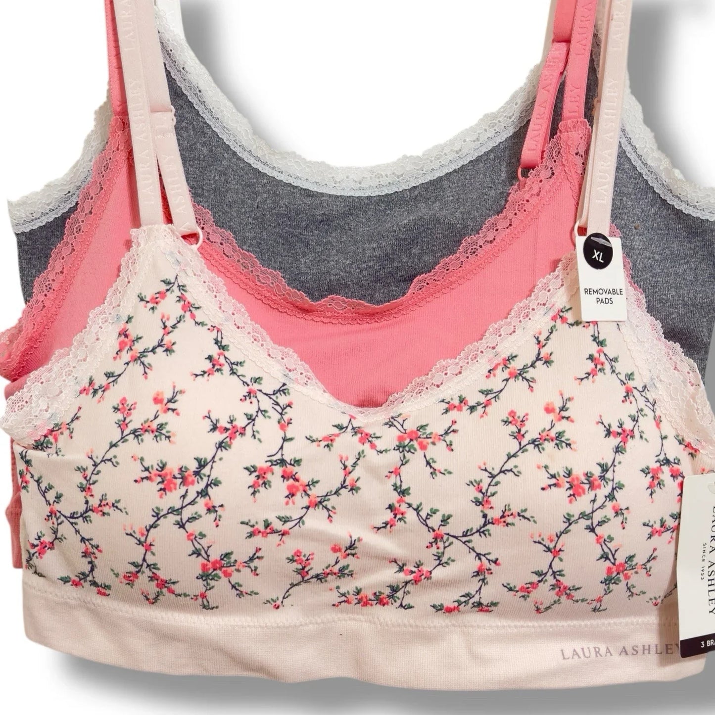 Laura Ashley Womens 3 Pack Comfort Bra XL Removable Pads Pinks Grays Floral - Trendiez U ♥ 