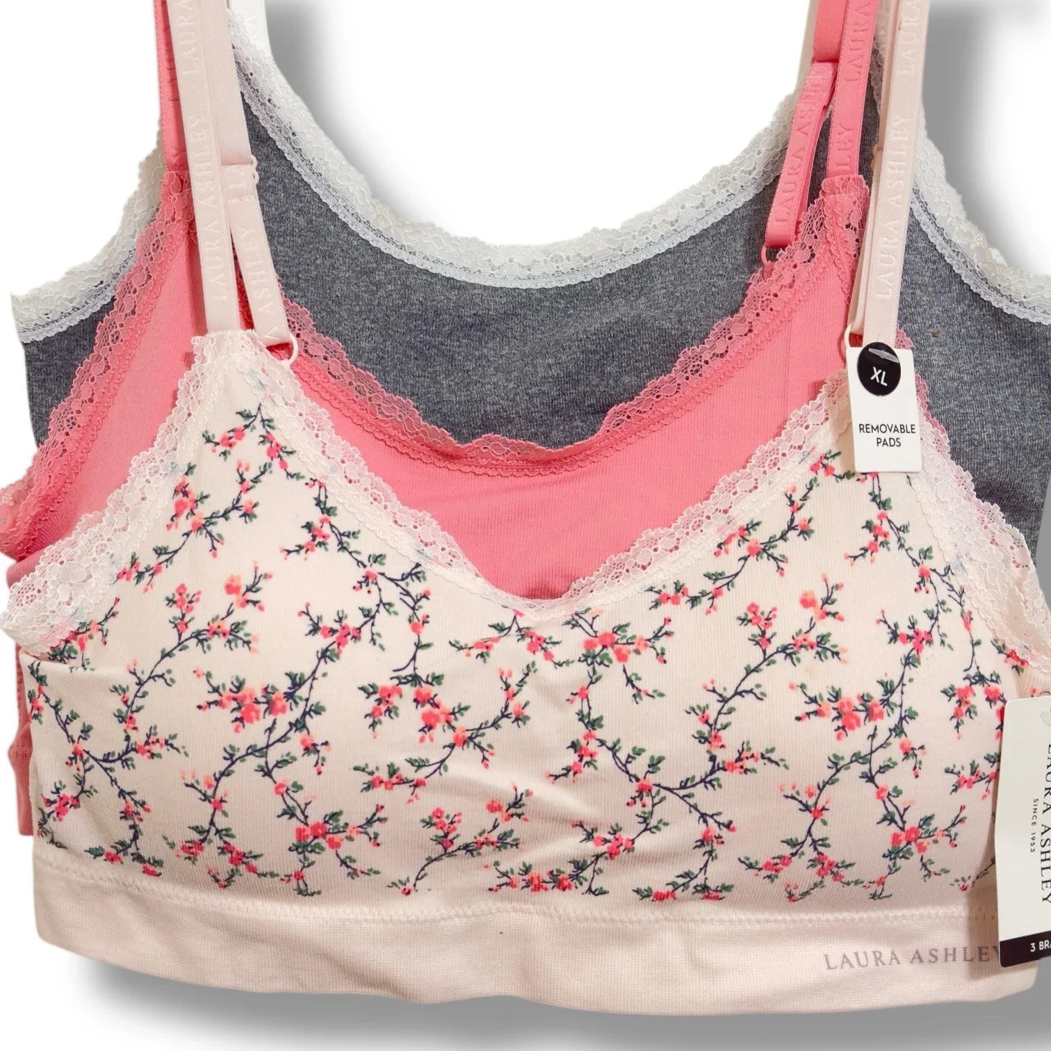 Laura Ashley Womens 3 Pack Comfort Bra XL Removable Pads Pinks Grays Floral - Trendiez U ♥ 