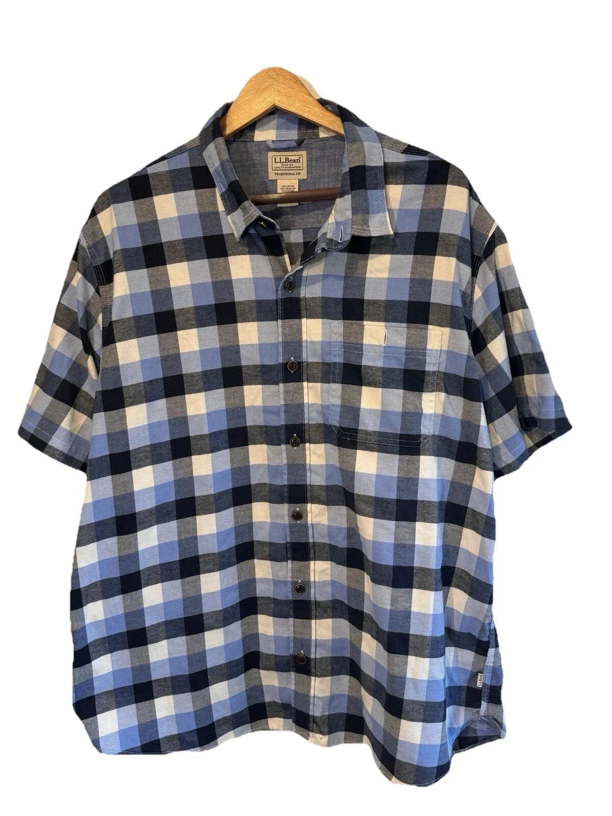 LL Bean Cotton Button Up Shirt Mens Large Blue Short Sleeve - Trendiez U ♥ 